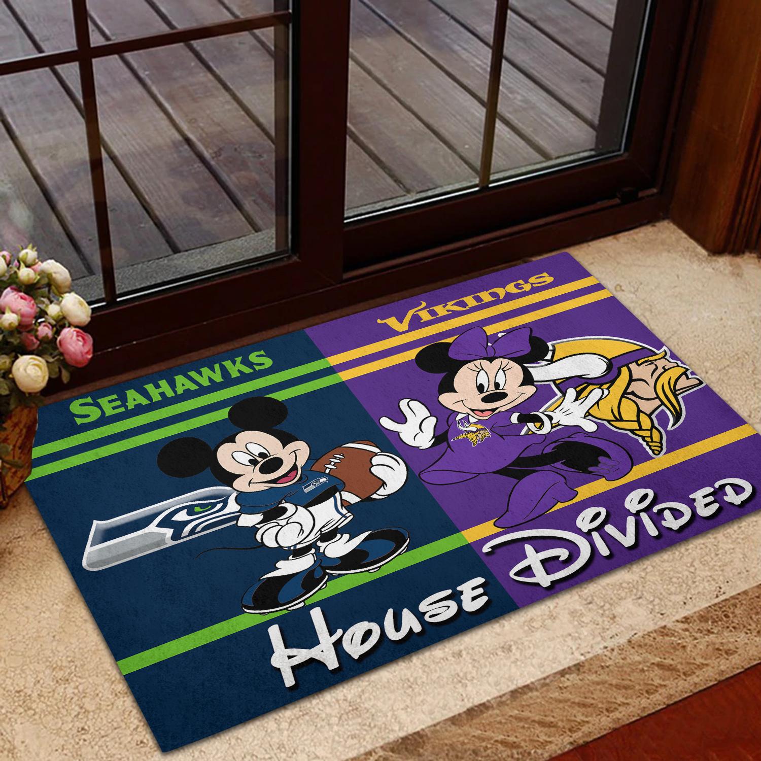 Custom House Divided NFL Doormat Mickey And Minnie Football Teams