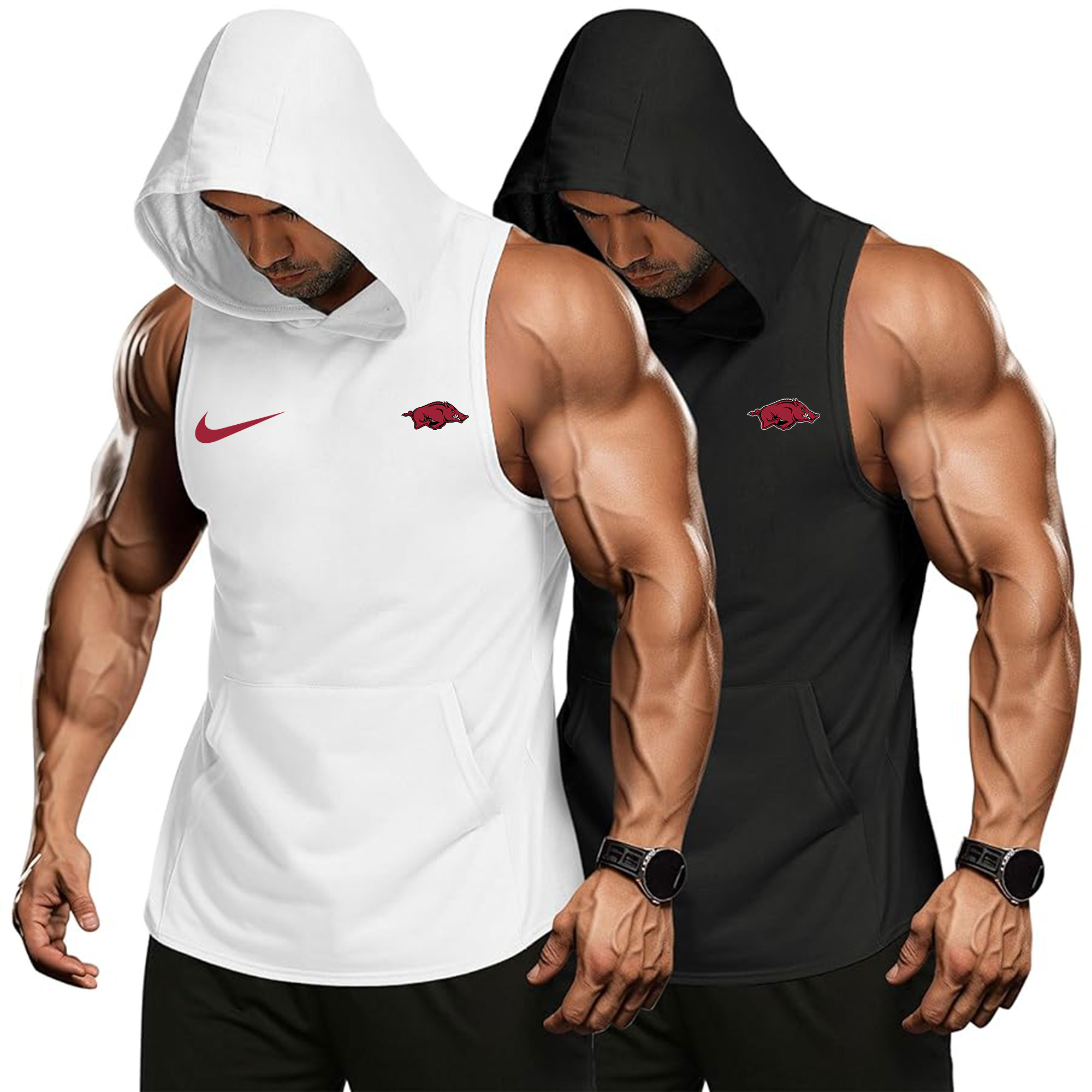 ZNCAA Arkansas Razorbacks - Men's Workout Hooded Tank Tops Bodybuilding Muscle Cut Off T Shirt Sleeveless - Custom Name