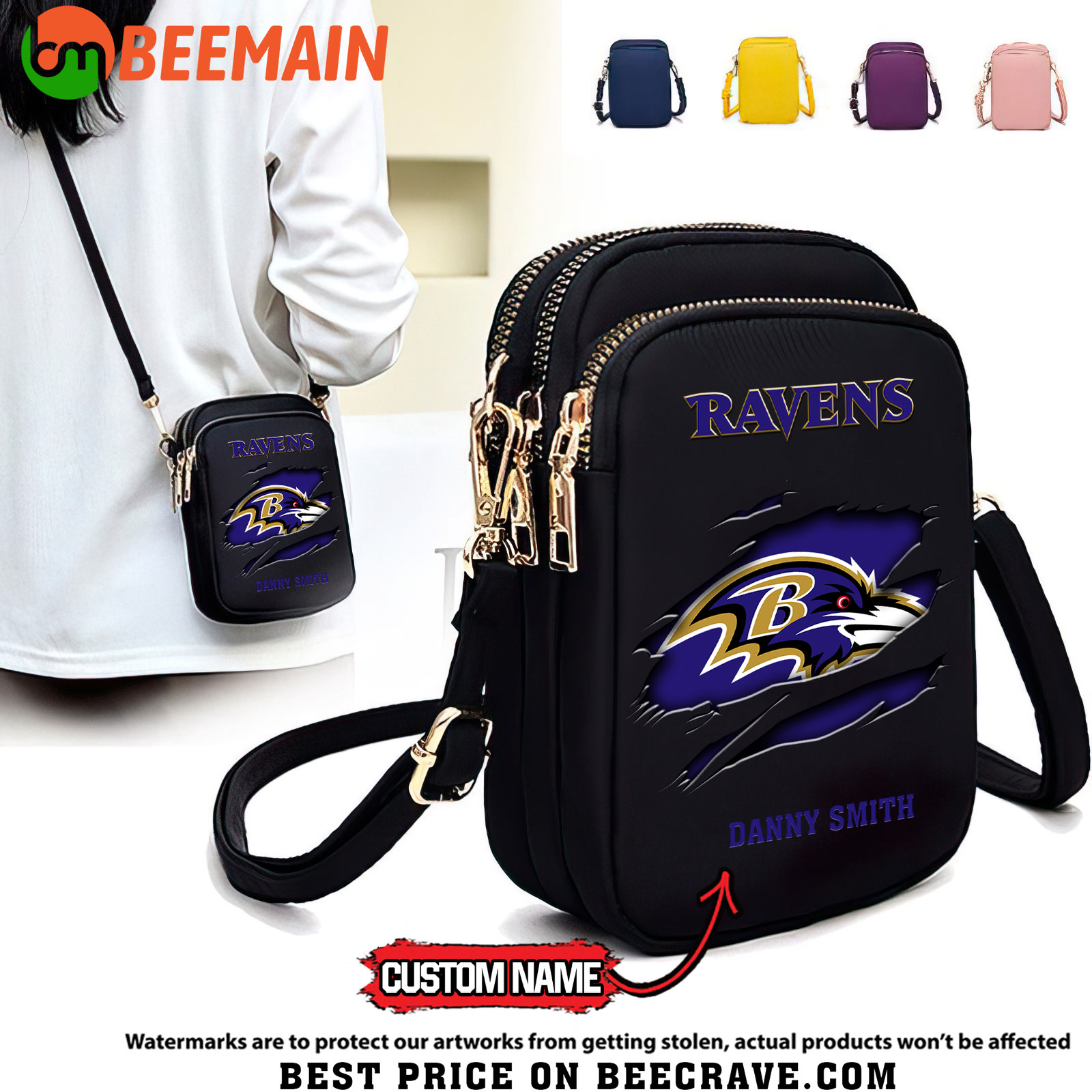 NFL Baltimore Ravens - Women's Zipper Mini Crossbody Bag - Custom Name