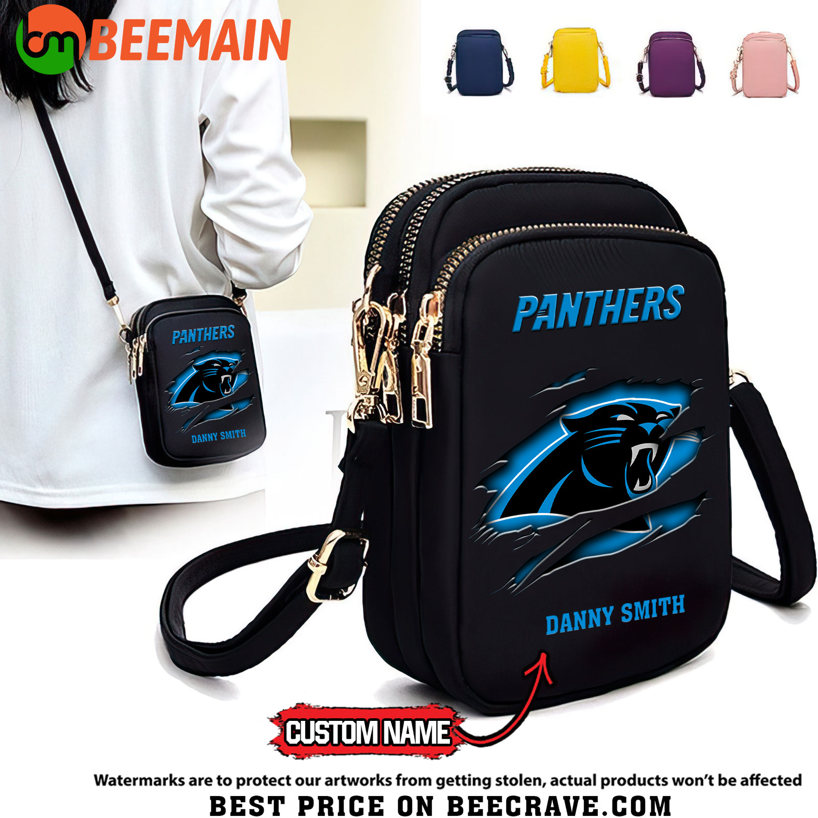 NFL Carolina Panthers - Women's Zipper Mini Crossbody Bag - Custom Name