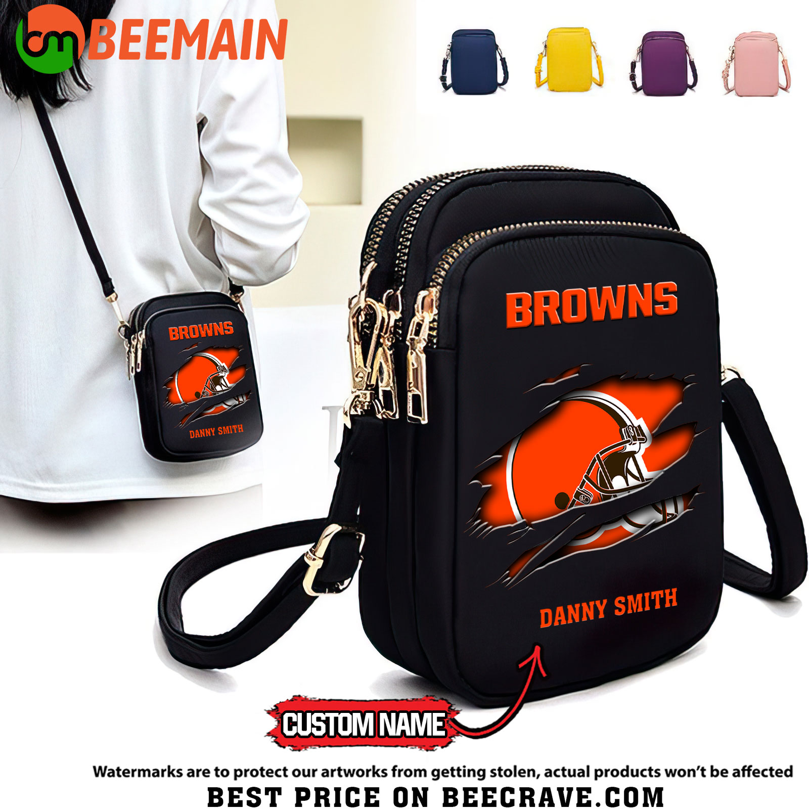 NFL Cleveland Browns - Women's Zipper Mini Crossbody Bag - Custom Name