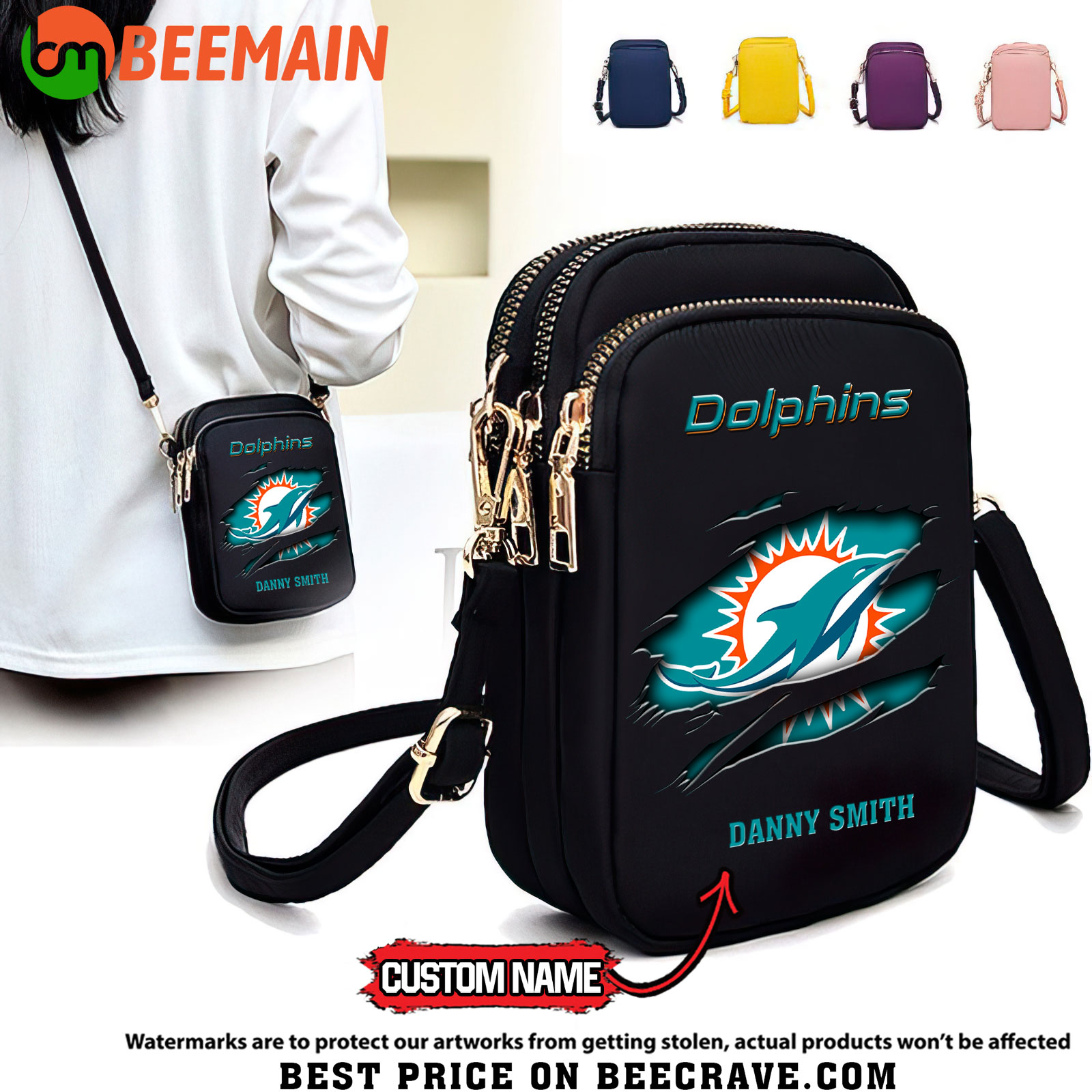 NFL Miami Dolphins - Women's Zipper Mini Crossbody Bag - Custom Name