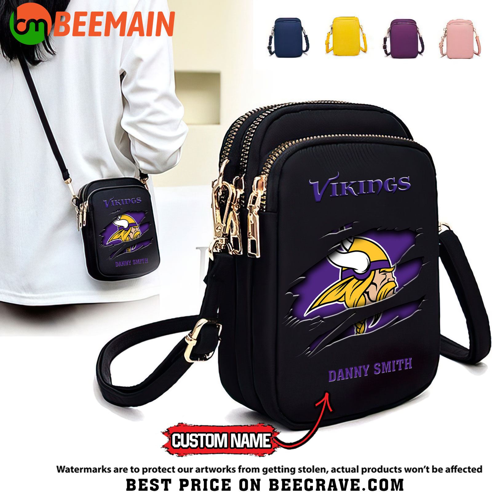 NFL Minnesota Vikings - Women's Zipper Mini Crossbody Bag - Custom Name