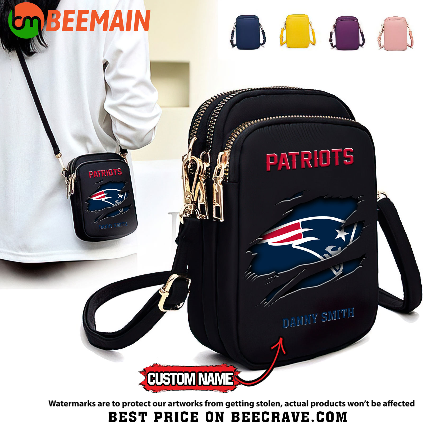 NFL New England Patriots - Women's Zipper Mini Crossbody Bag - Custom Name