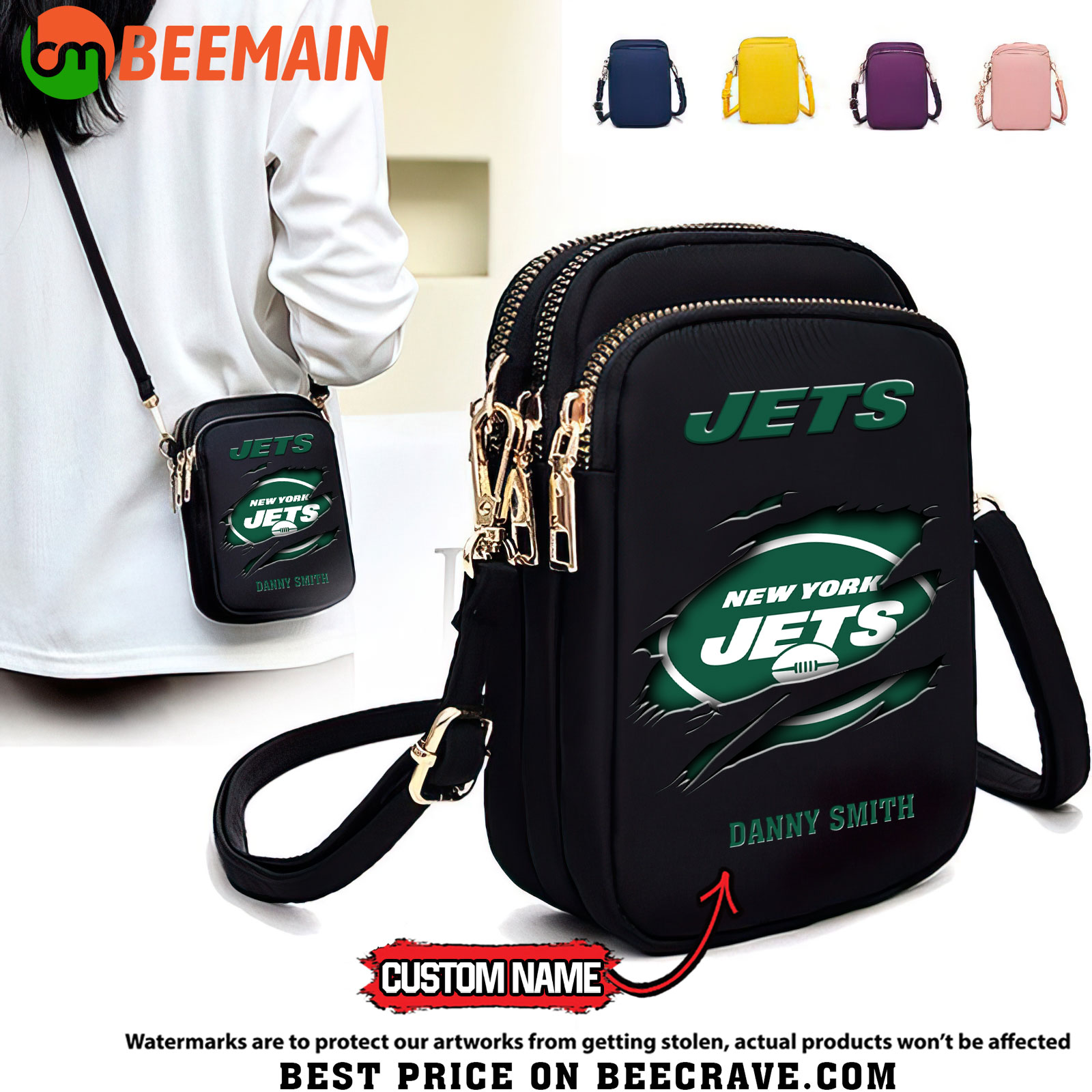 NFL New York Jets - Women's Zipper Mini Crossbody Bag - Custom Name