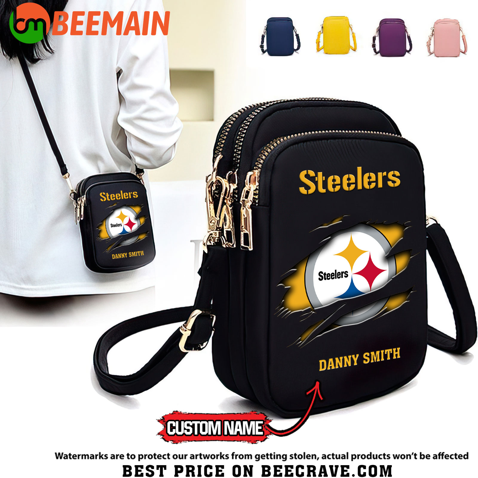NFL Pittsburgh Steelers - Women's Zipper Mini Crossbody Bag - Custom Name