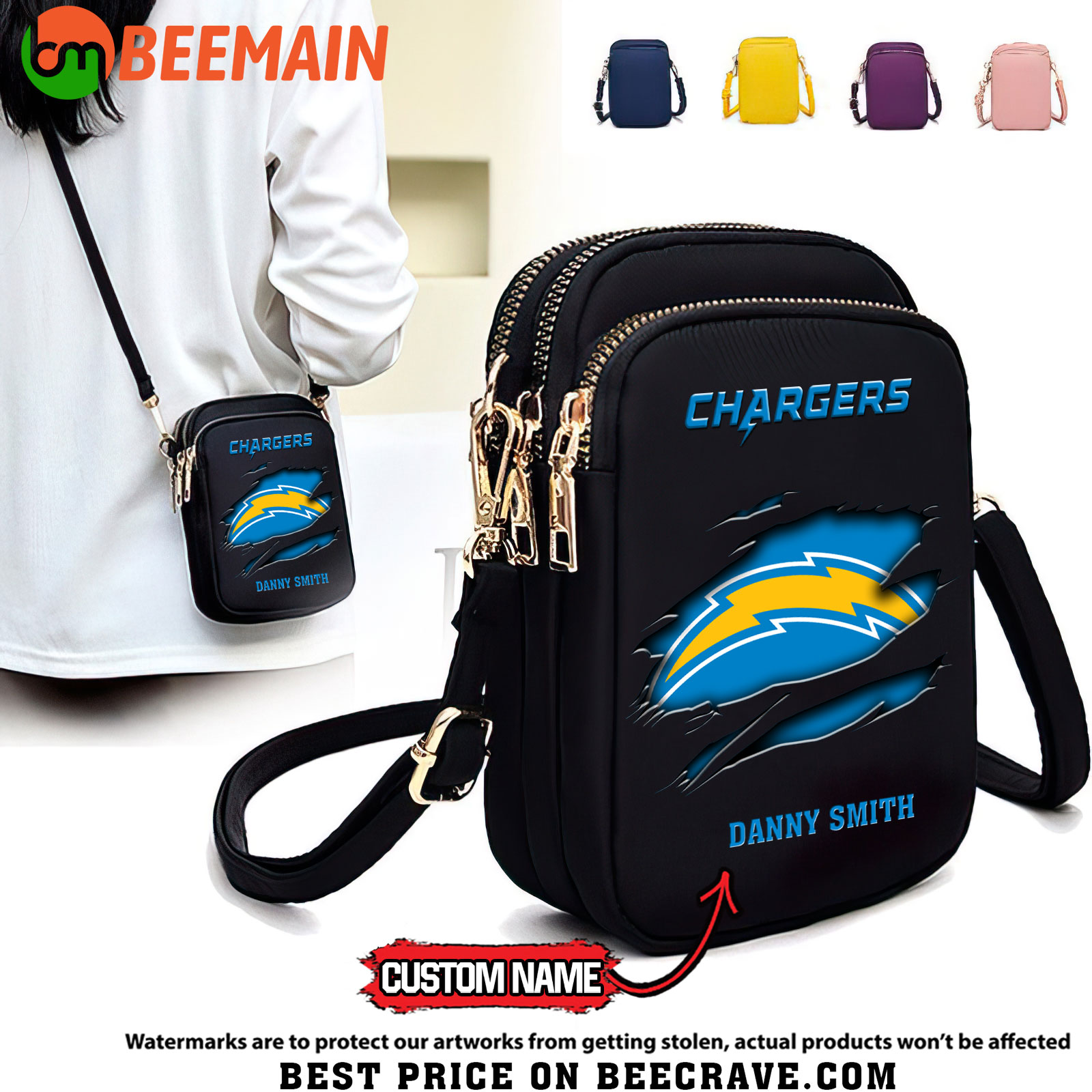 NFL Los Angeles Chargers - Women's Zipper Mini Crossbody Bag - Custom Name