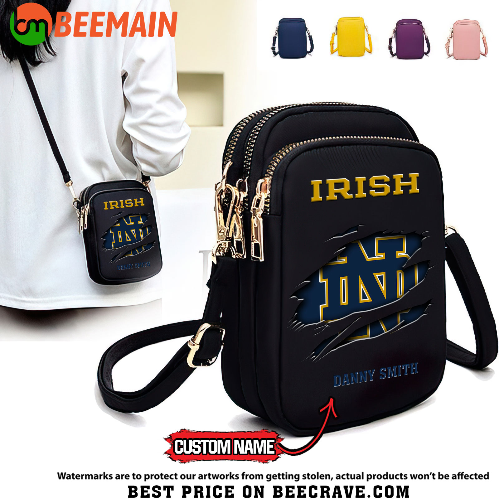 ZNCAA Notre Dame Fighting Irish - Women's Zipper Mini Crossbody Bag - Custom Name