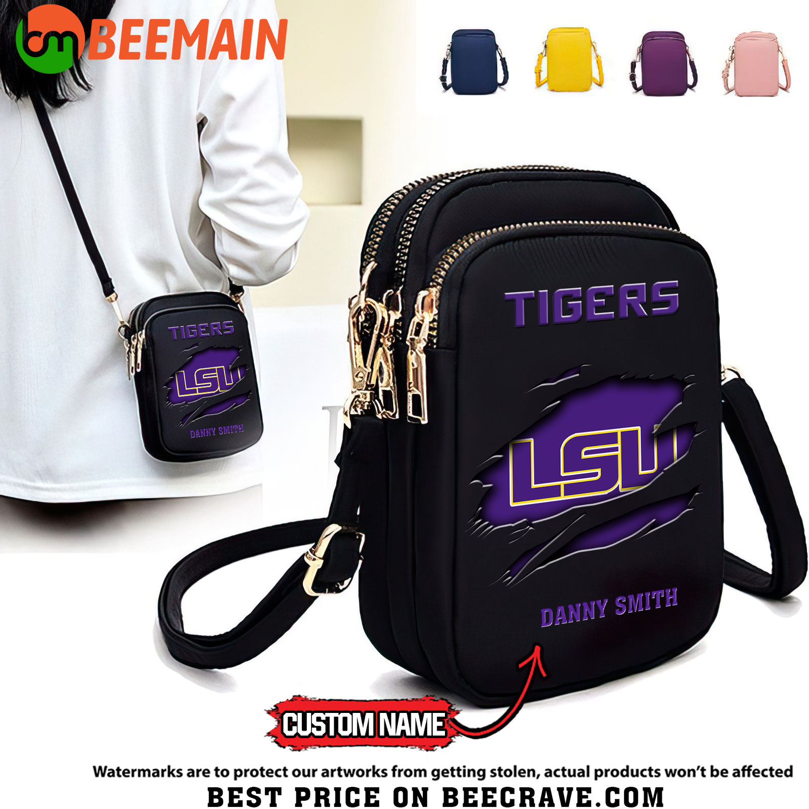 ZNCAA LSU Tigers - Women's Zipper Mini Crossbody Bag - Custom Name
