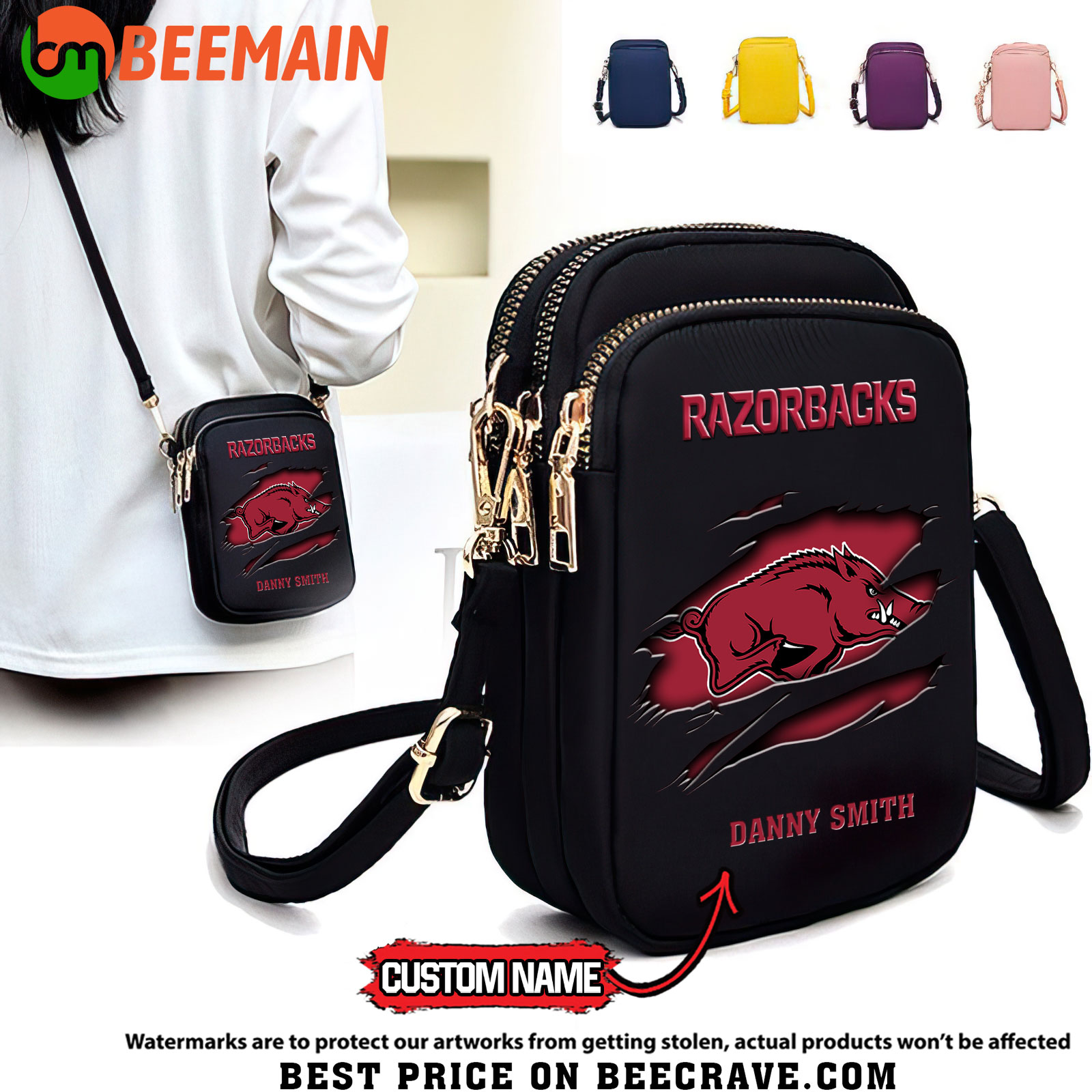 ZNCAA Arkansas Razorbacks - Women's Zipper Mini Crossbody Bag - Custom Name