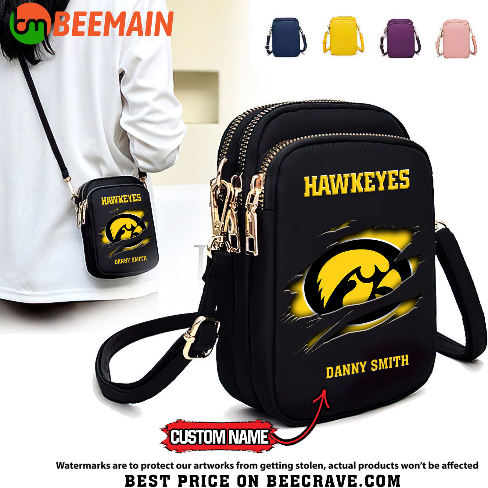 ZNCAA Iowa Hawkeyes - Women's Zipper Mini Crossbody Bag - Custom Name