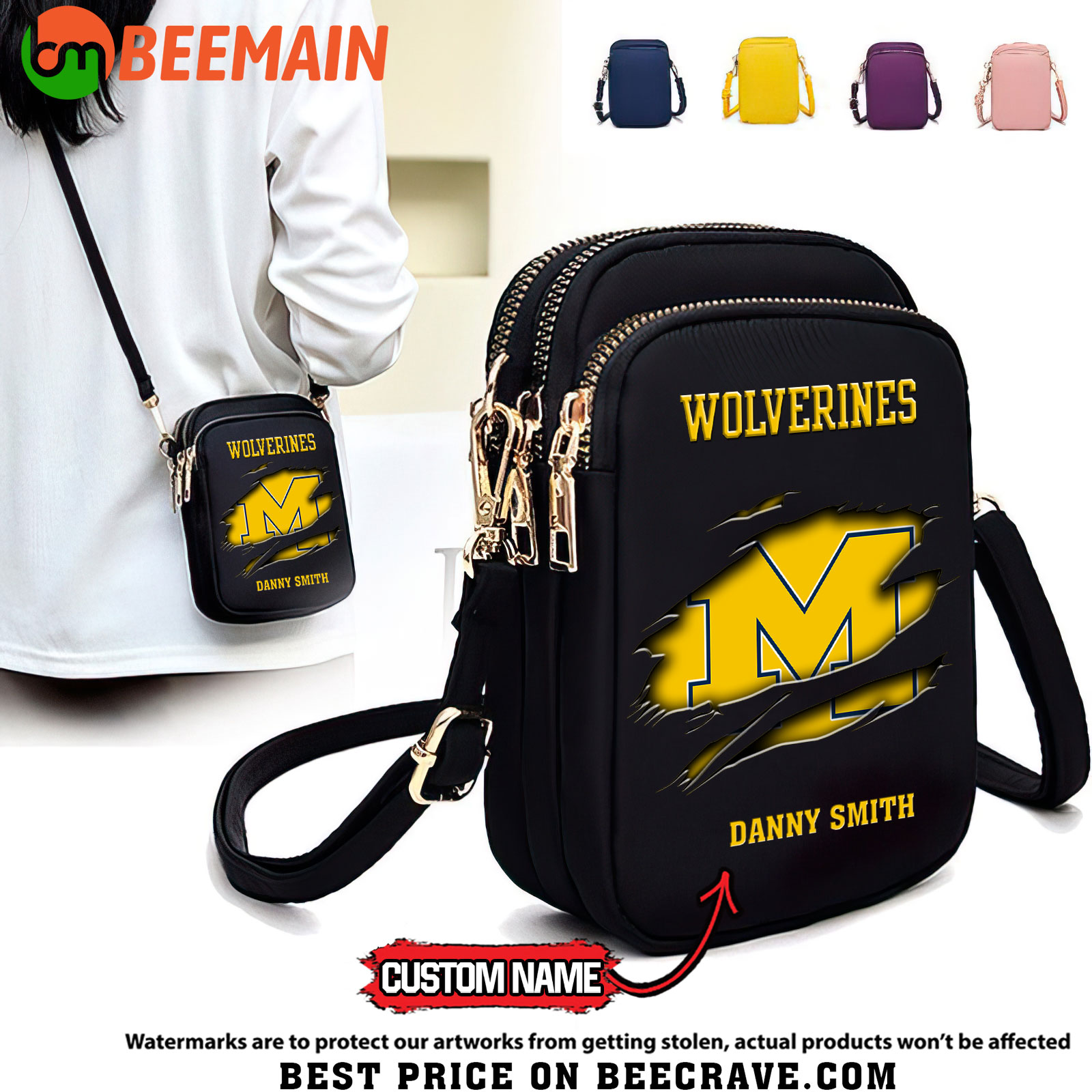 ZNCAA Michigan Wolverines - Women's Zipper Mini Crossbody Bag - Custom Name