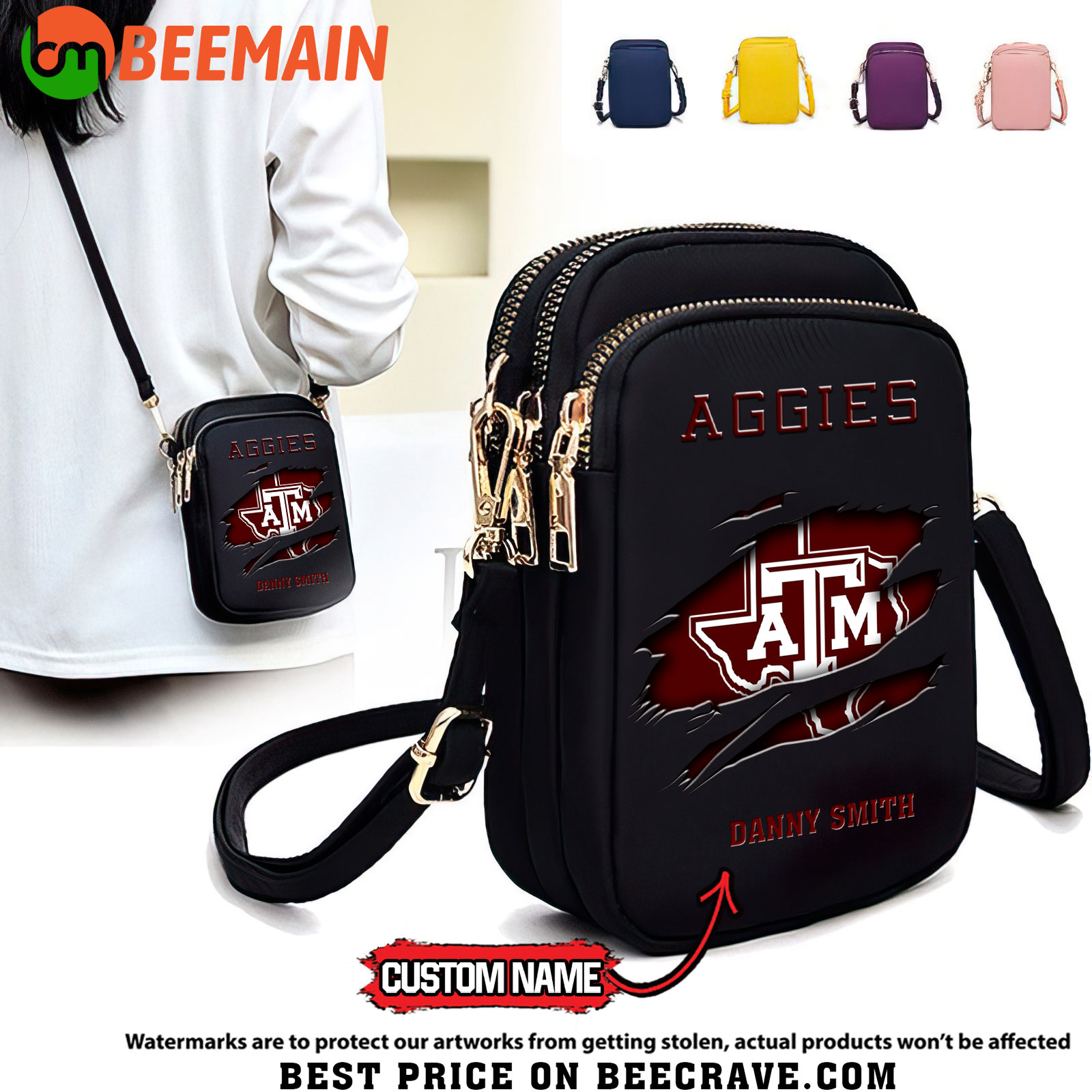 ZNCAA Texas A_M Aggies - Women's Zipper Mini Crossbody Bag - Custom Name