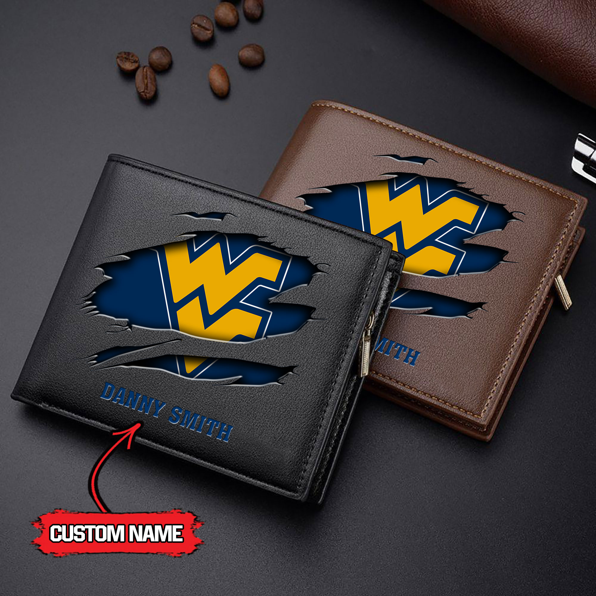 ZNCAA West Virginia Mountaineers - Men’s Leather Wallet – Custom Name