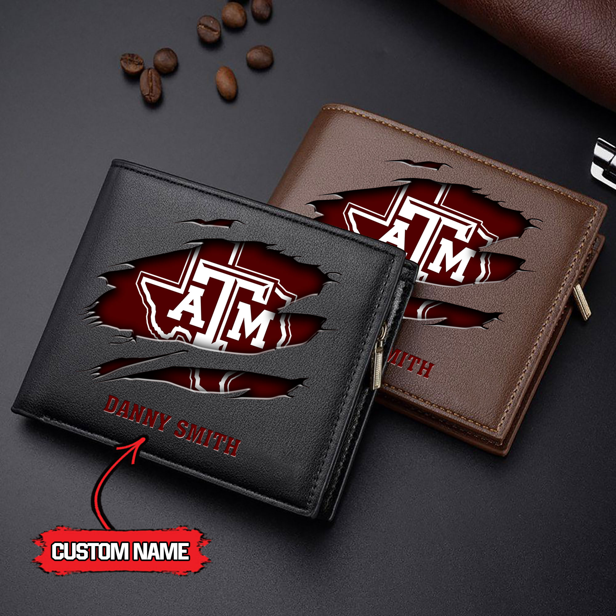 ZNCAA Texas A_M Aggies - Men’s Leather Wallet – Custom Name