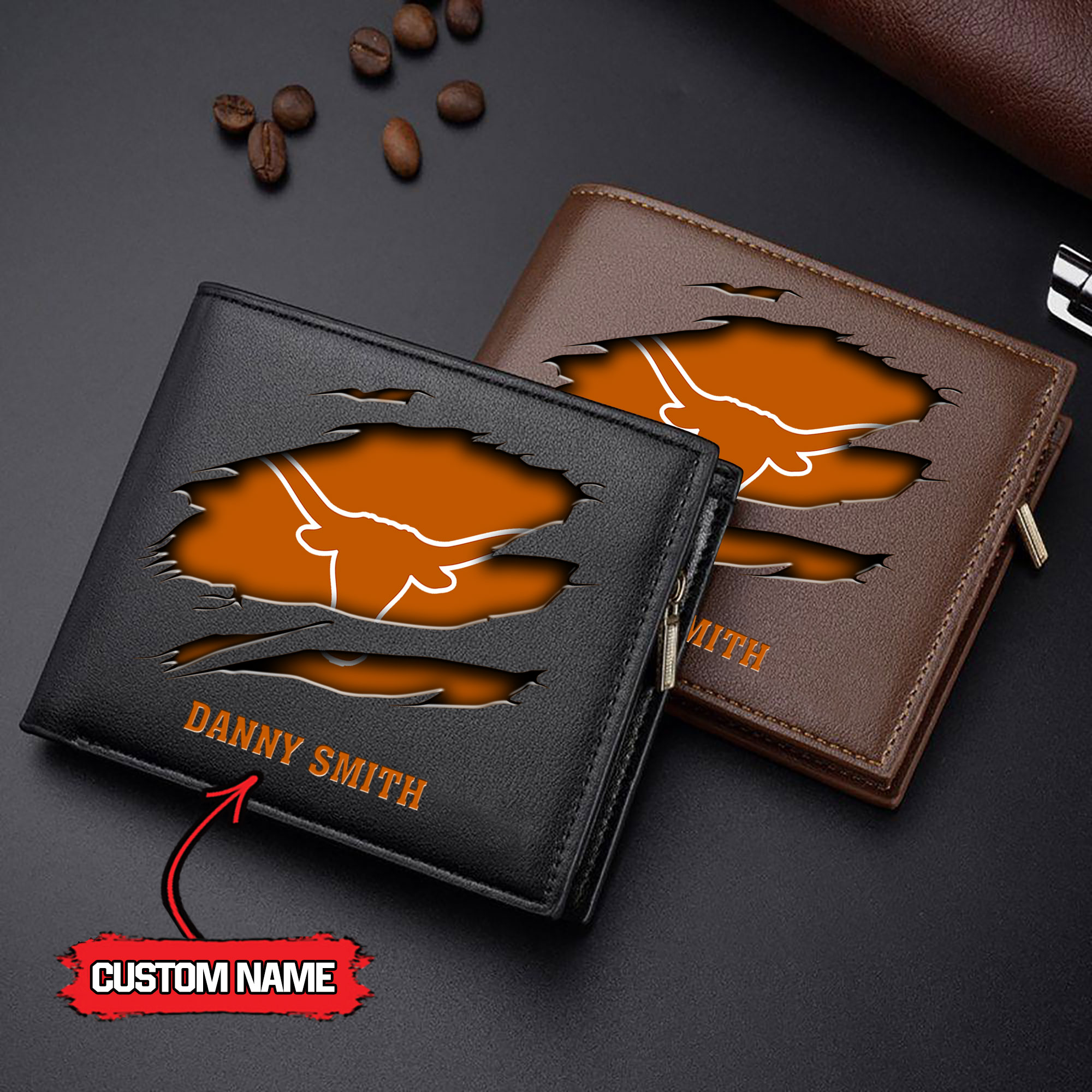 ZNCAA Texas Longhorns - Men’s Leather Wallet – Custom Name