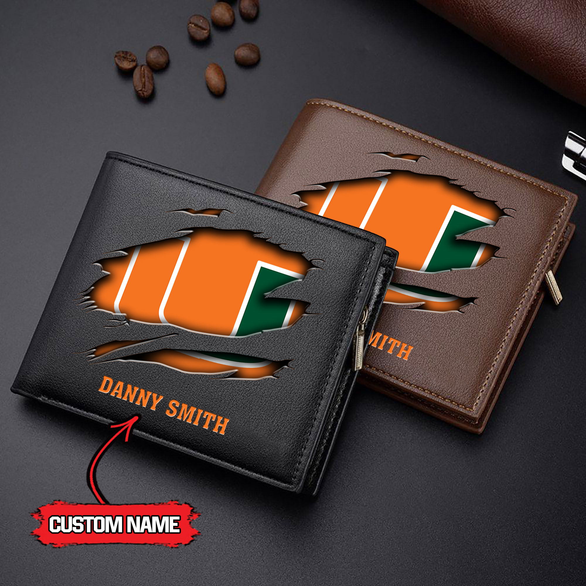 ZNCAA Miami Hurricanes - Men’s Leather Wallet – Custom Name