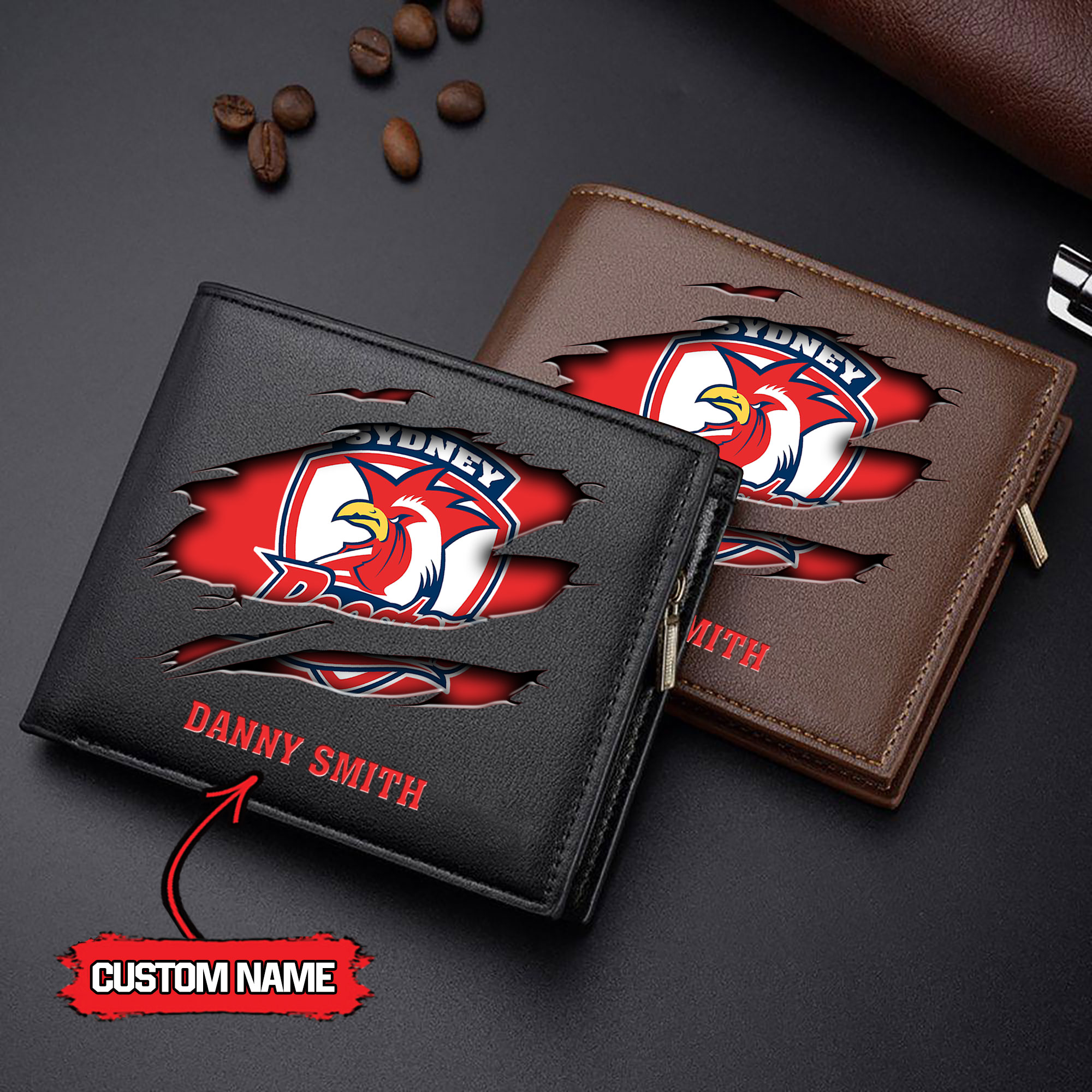 NRL 15 Sydney Roosters - Men’s Leather Wallet - Custom Name