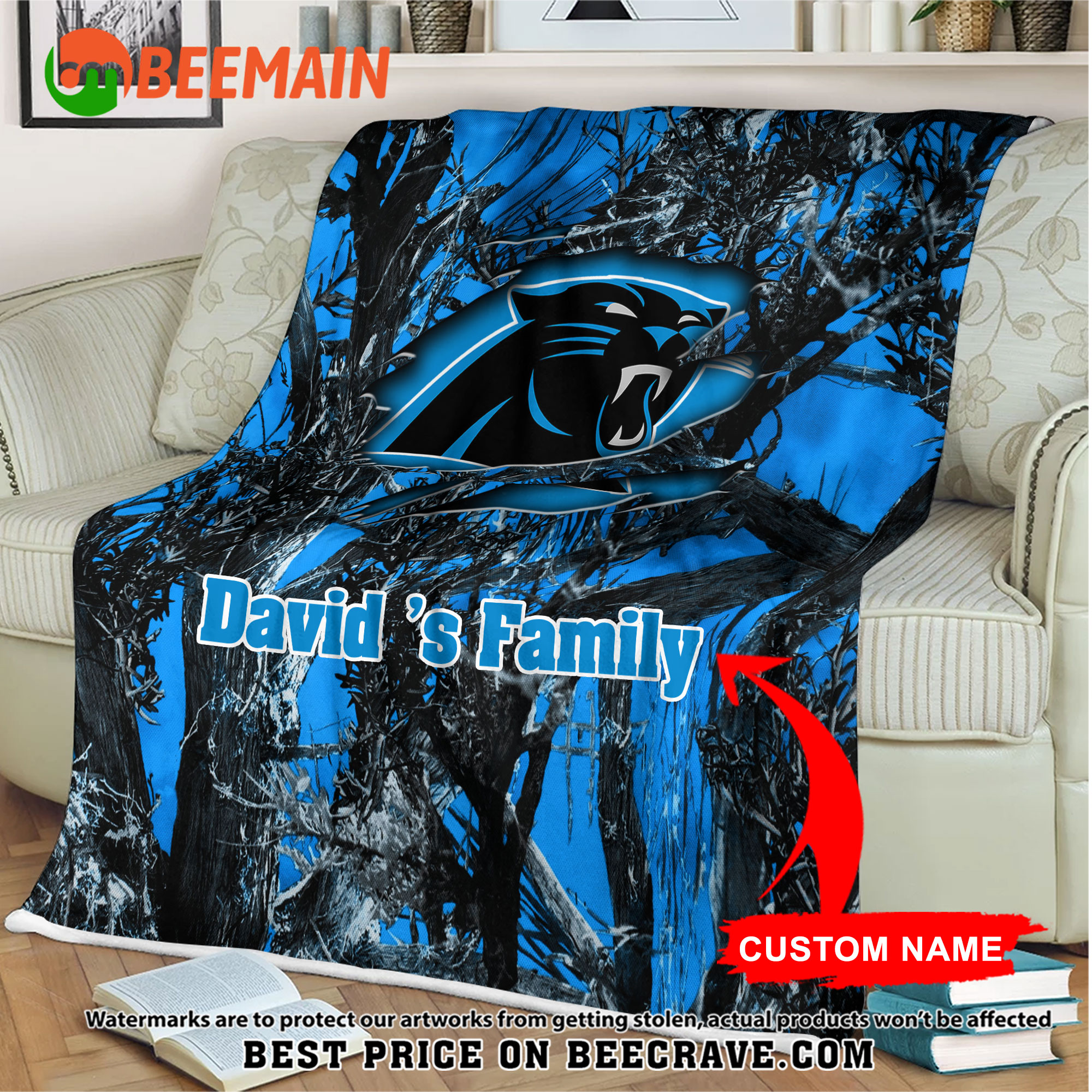 NFL Carolina Panthers - Football Camo Blanket - Custom Name