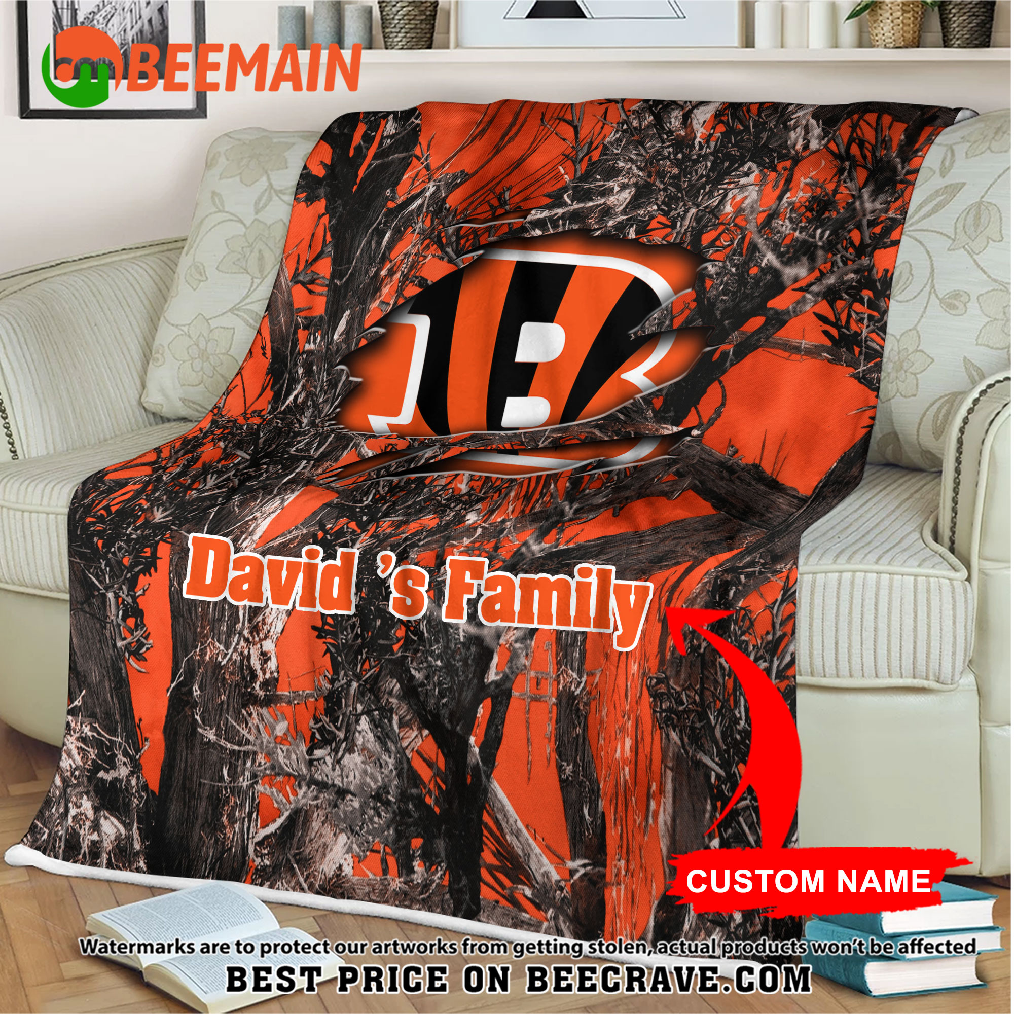 NFL Cincinnati Bengals - Football Camo Blanket - Custom Name