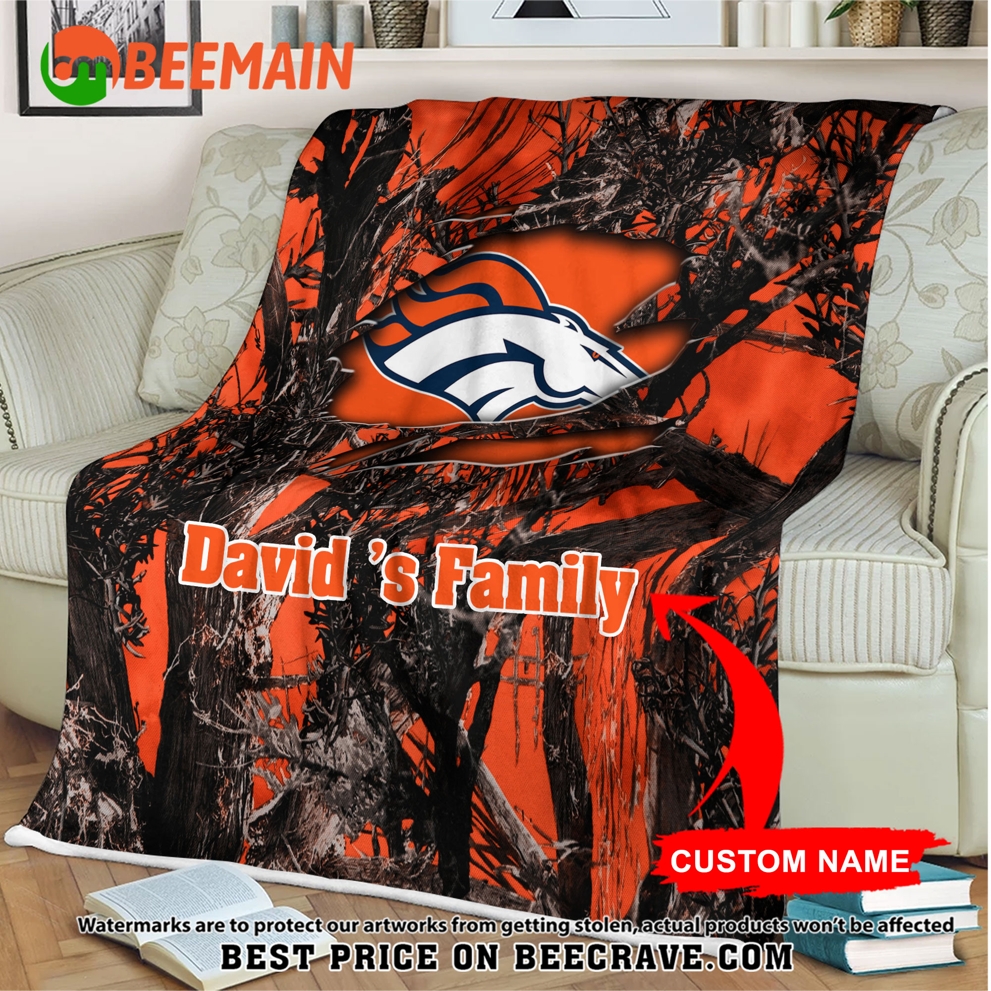 NFL Denver Broncos - Football Camo Blanket - Custom Name