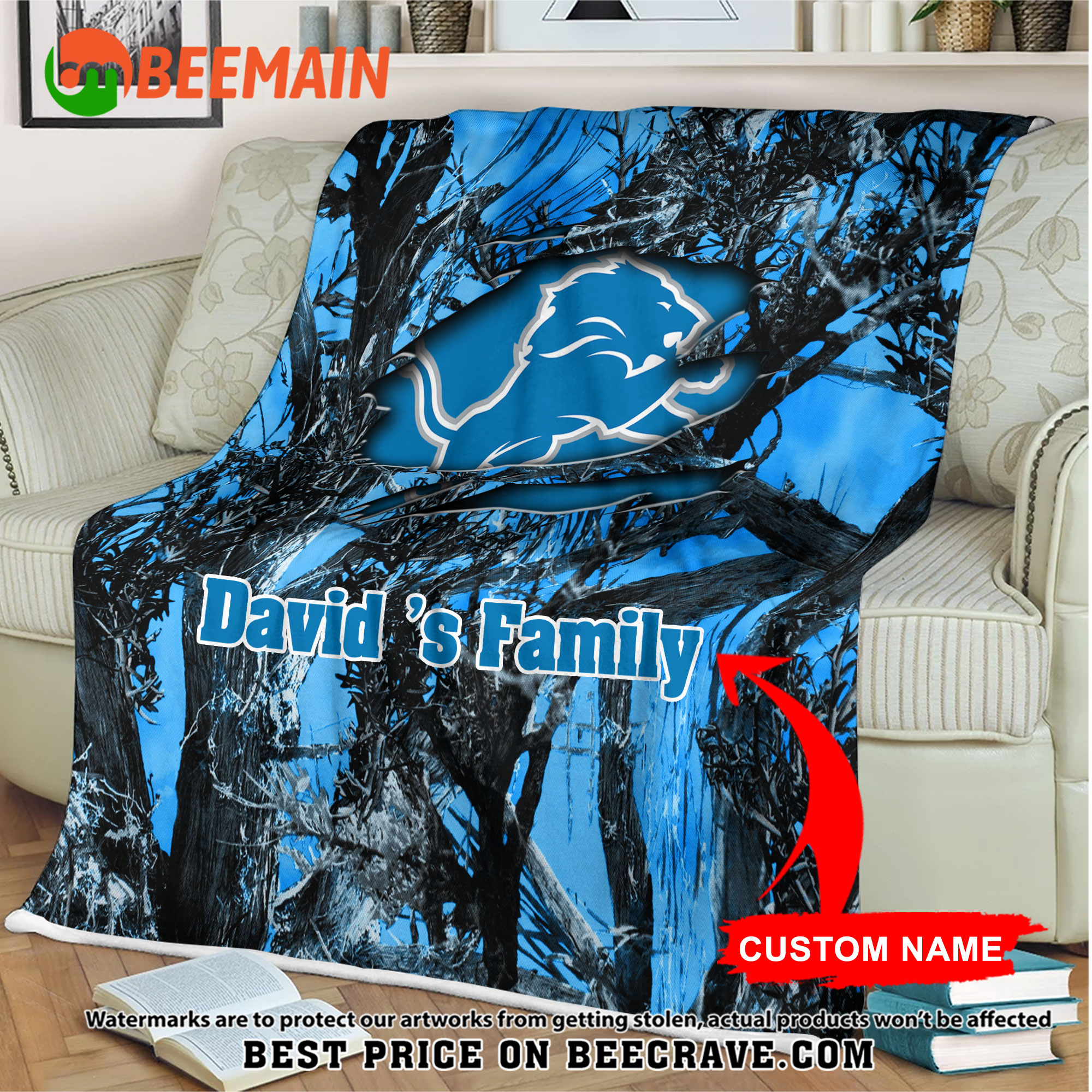 NFL Detroit Lions - Football Camo Blanket - Custom Name