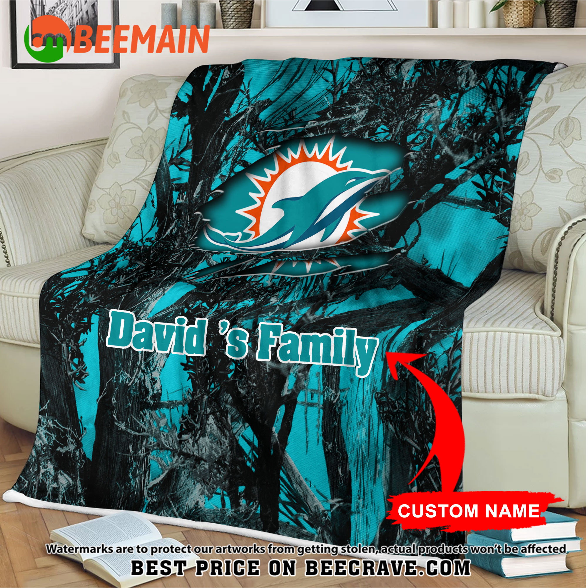 NFL Miami Dolphins - Football Camo Blanket - Custom Name