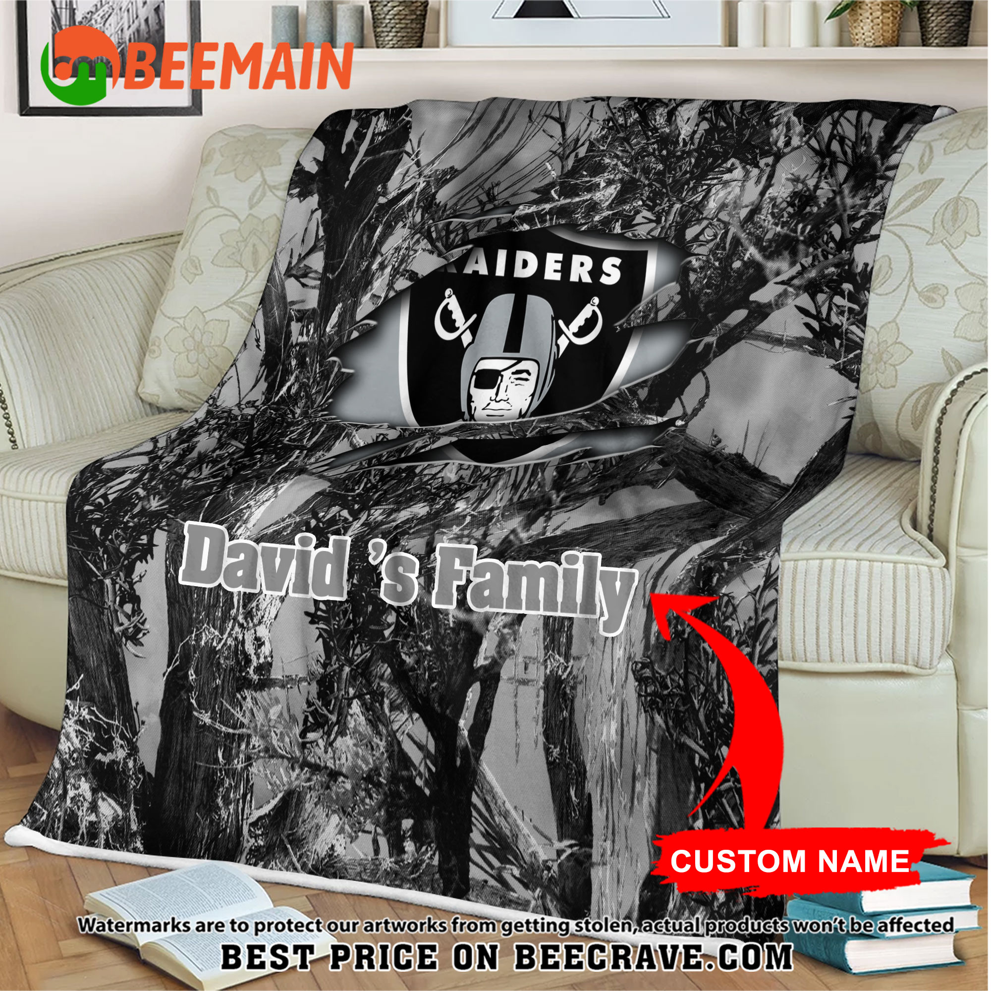 NFL Las Vegas Raiders - Football Camo Blanket - Custom Name