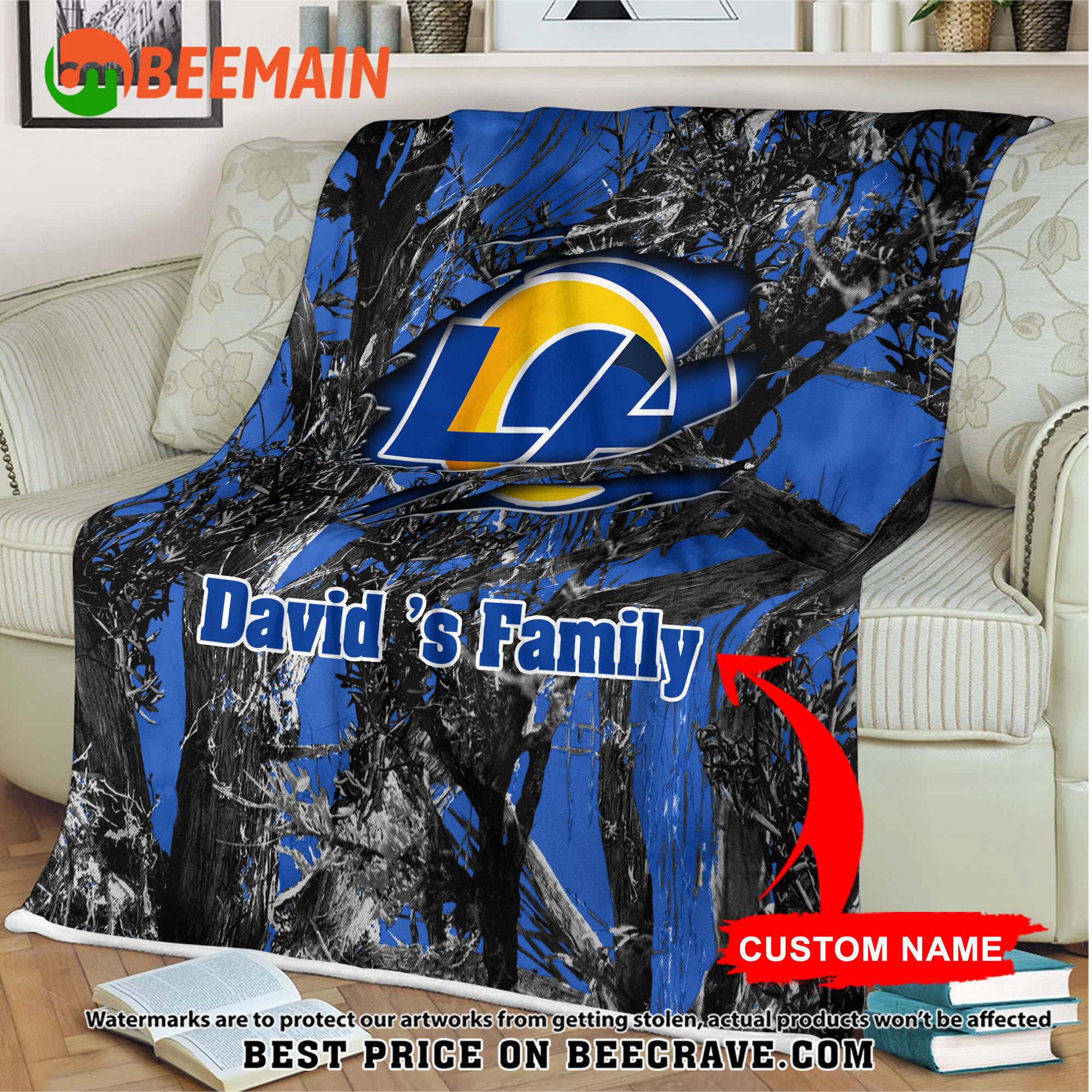 NFL Los Angeles Rams - Football Camo Blanket - Custom Name
