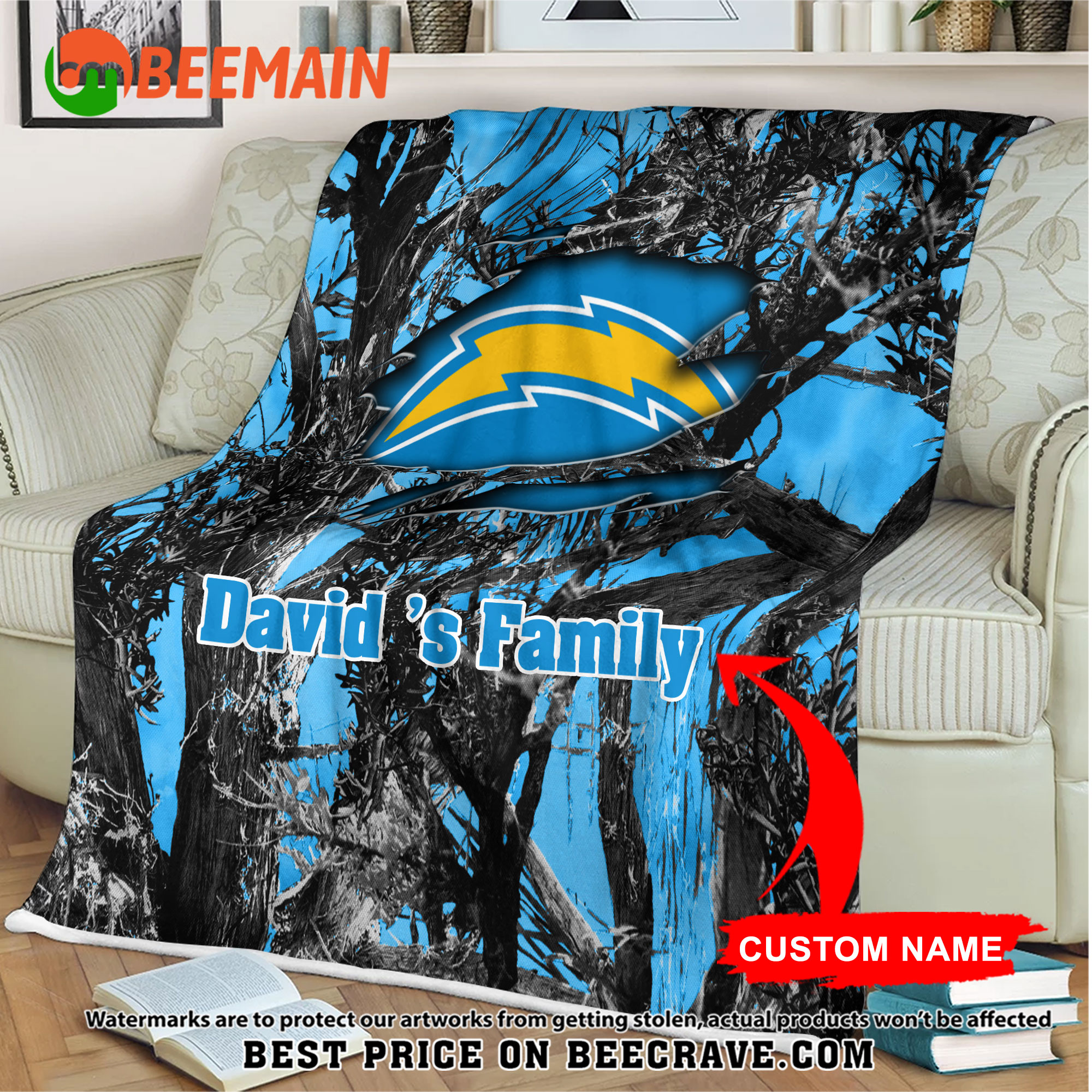 NFL Los Angeles Chargers - Football Camo Blanket - Custom Name