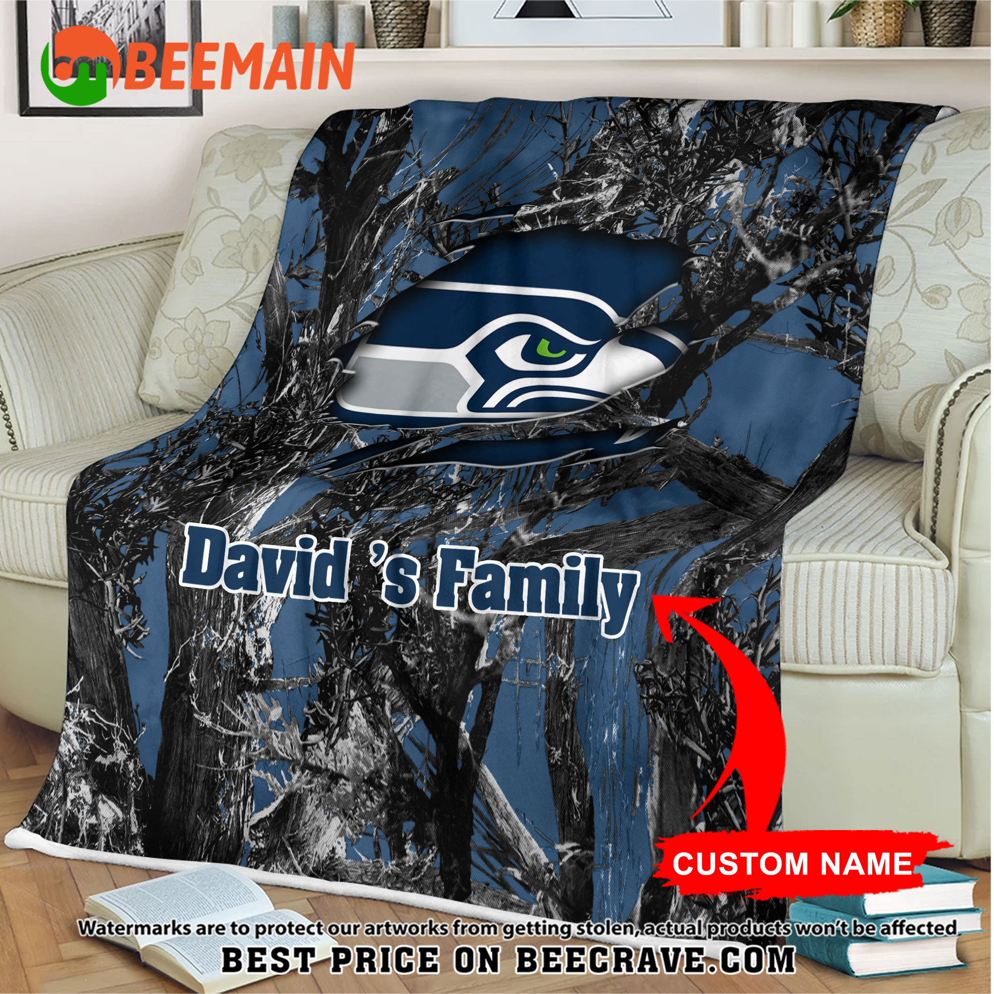 NFL Seattle Seahawks - Football Camo Blanket - Custom Name