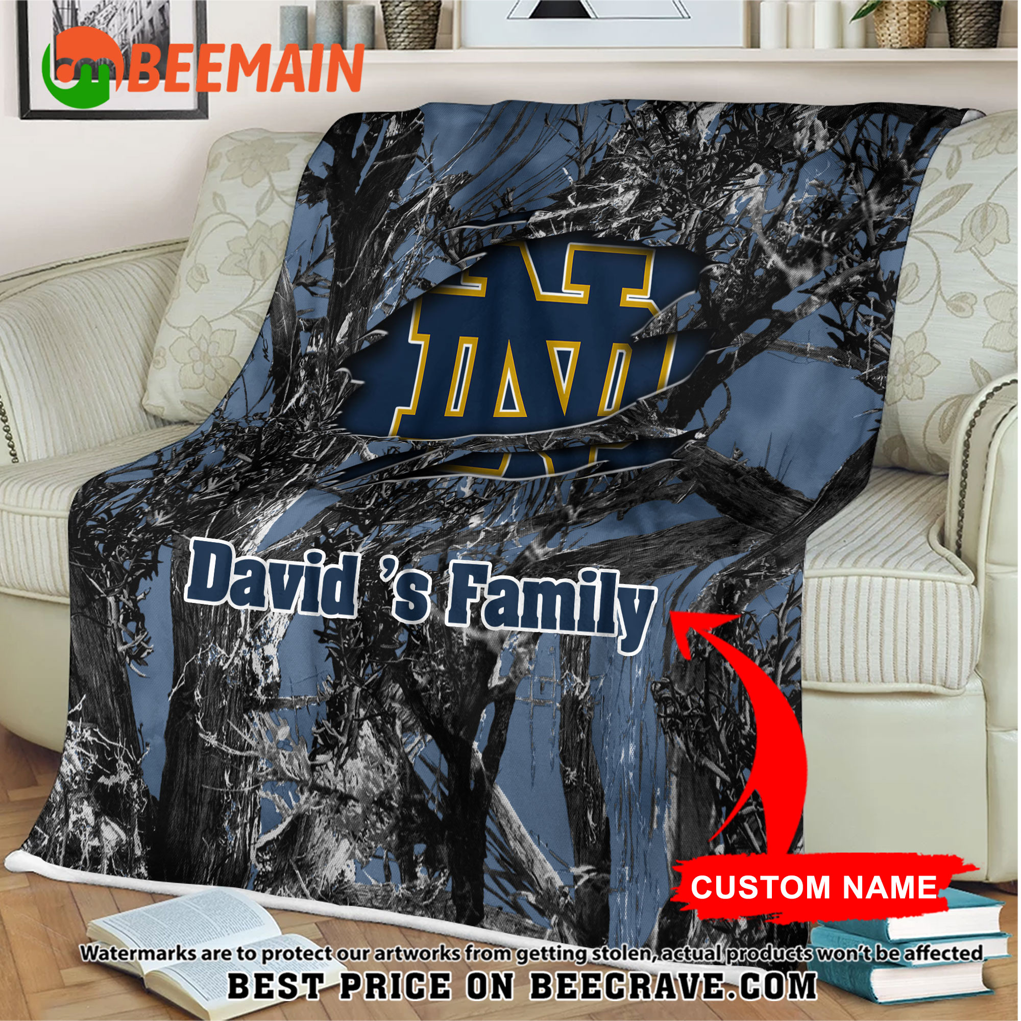 ZNCAA Notre Dame Fighting Irish - Football Camo Blanket - Custom Name