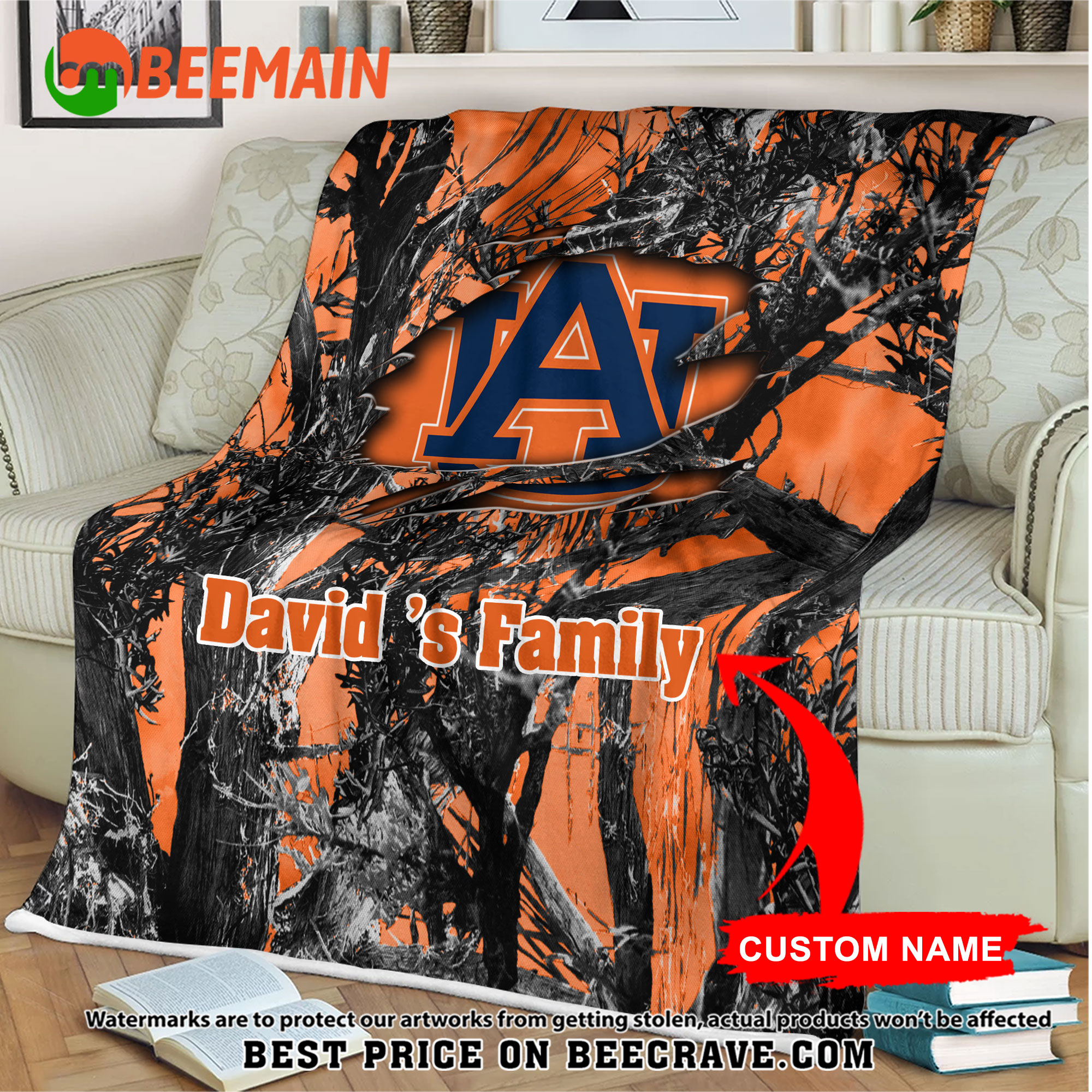 NCAA Auburn Tigers - Football Camo Blanket - Custom Name