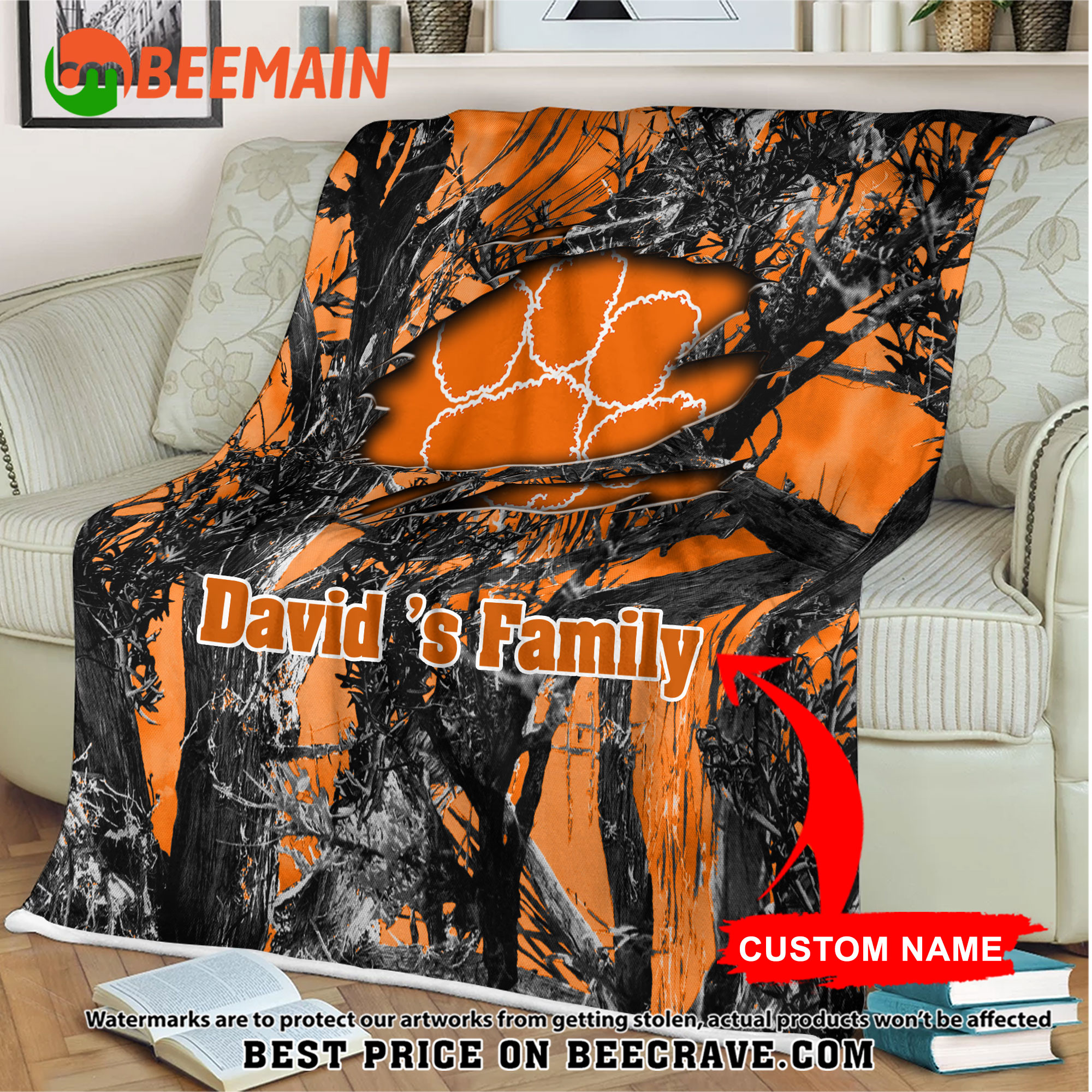 ZNCAA Clemson Tigers - Football Camo Blanket - Custom Name
