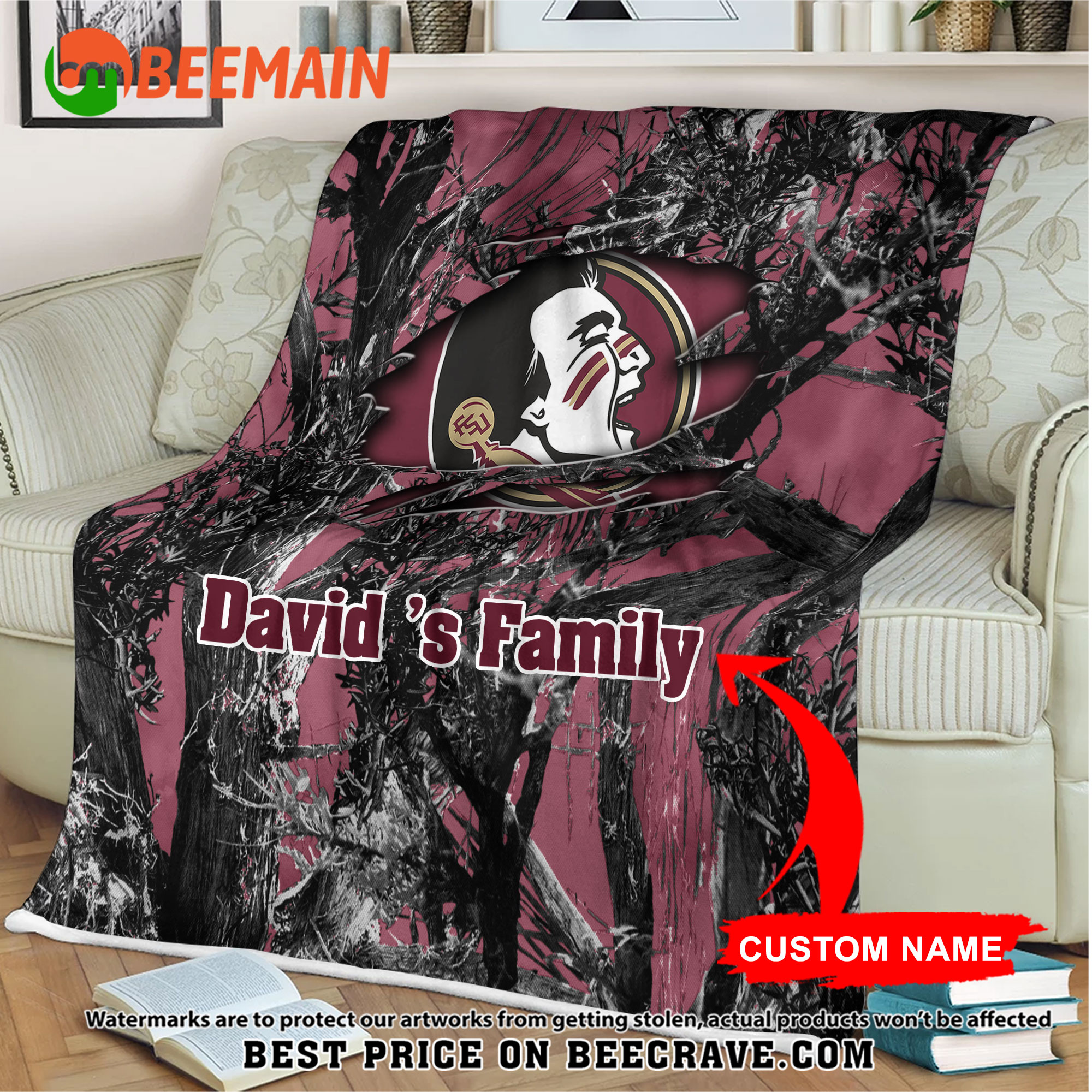 ZNCAA Florida State Seminoles - Football Camo Blanket - Custom Name