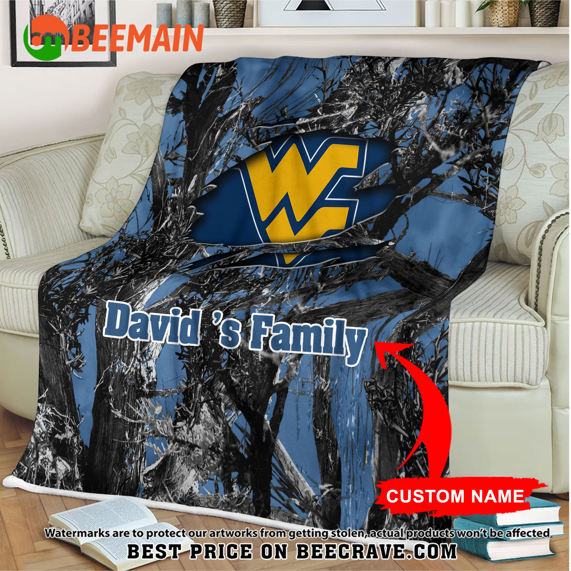 NCAA West Virginia Mountaineers - Football Camo Blanket - Custom Name