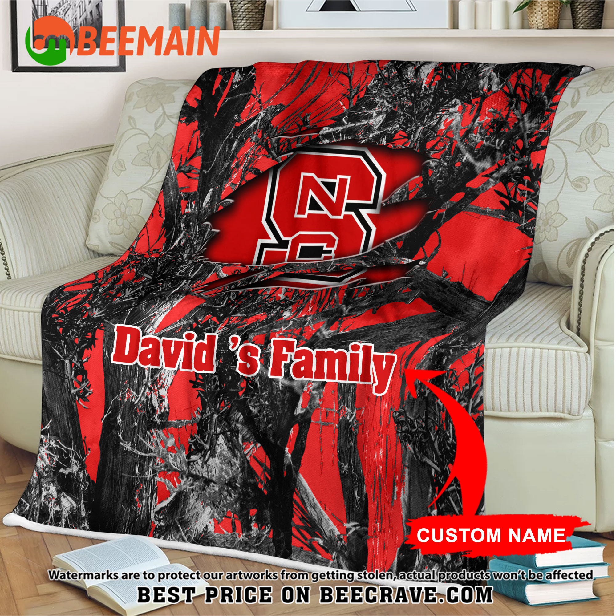 ZNCAA NC State Wolfpack - Football Camo Blanket - Custom Name