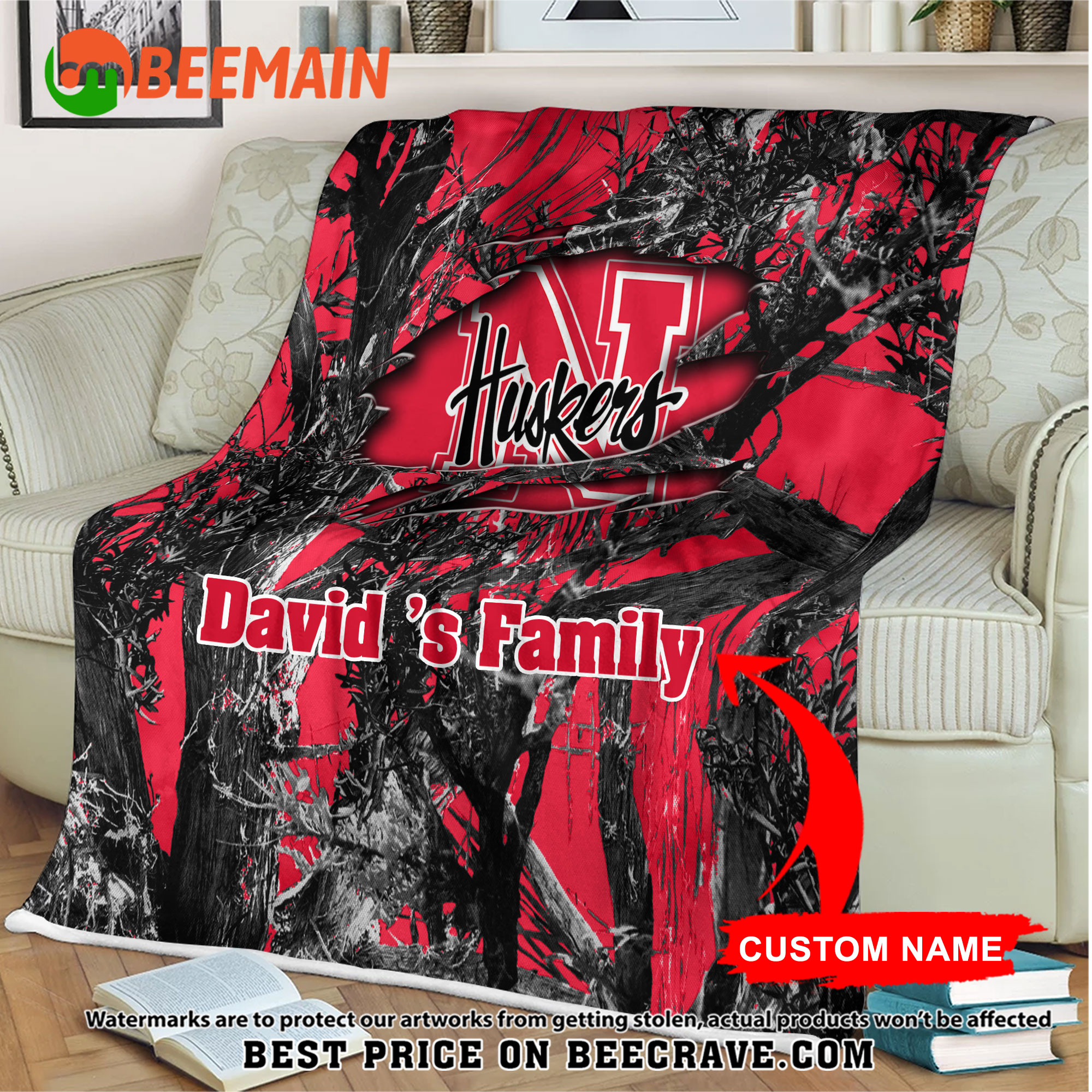ZNCAA Nebraska Cornhuskers - Football Camo Blanket - Custom Name