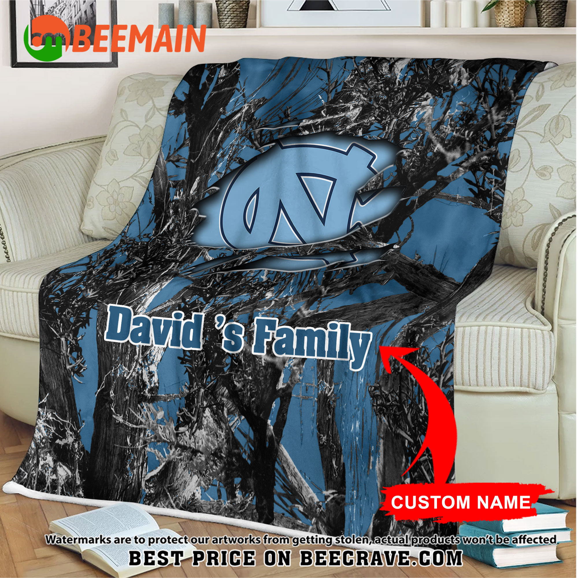 NCAA North Carolina Tar Heels - Football Camo Blanket - Custom Name