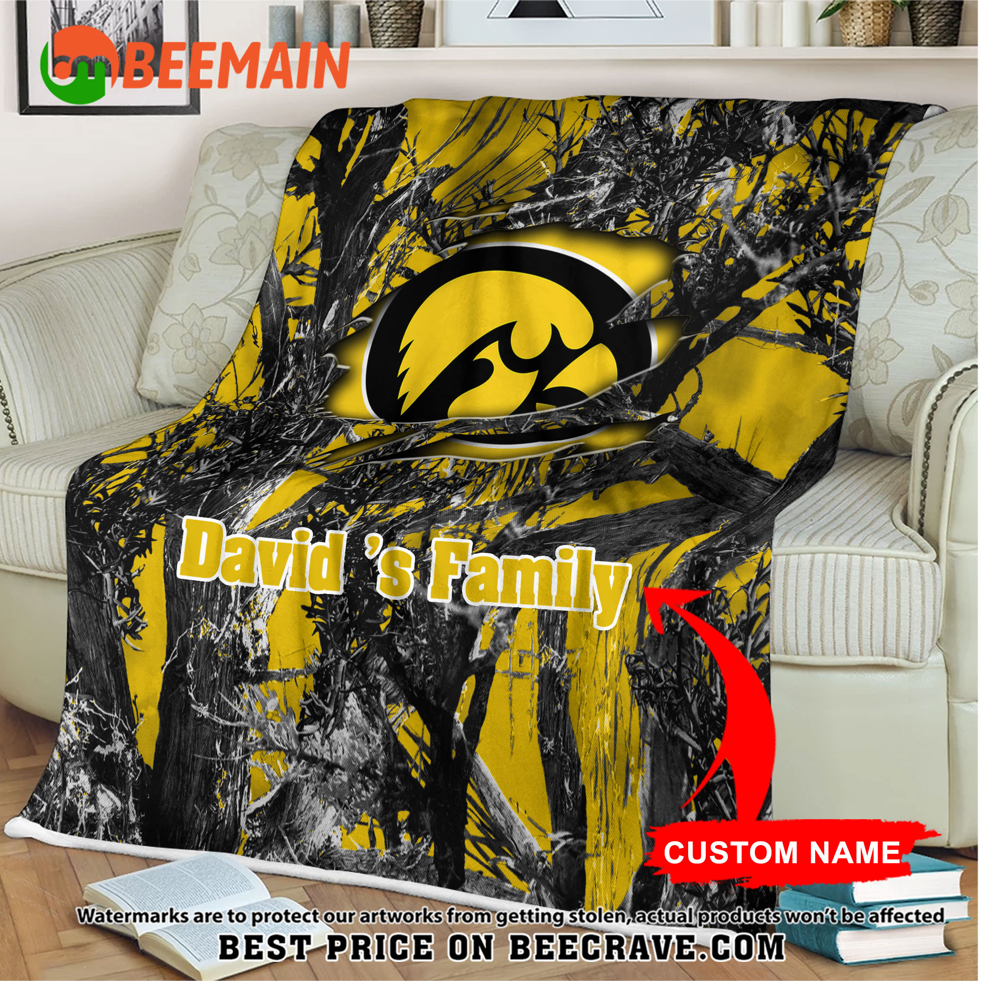 ZNCAA Iowa Hawkeyes - Football Camo Blanket - Custom Name
