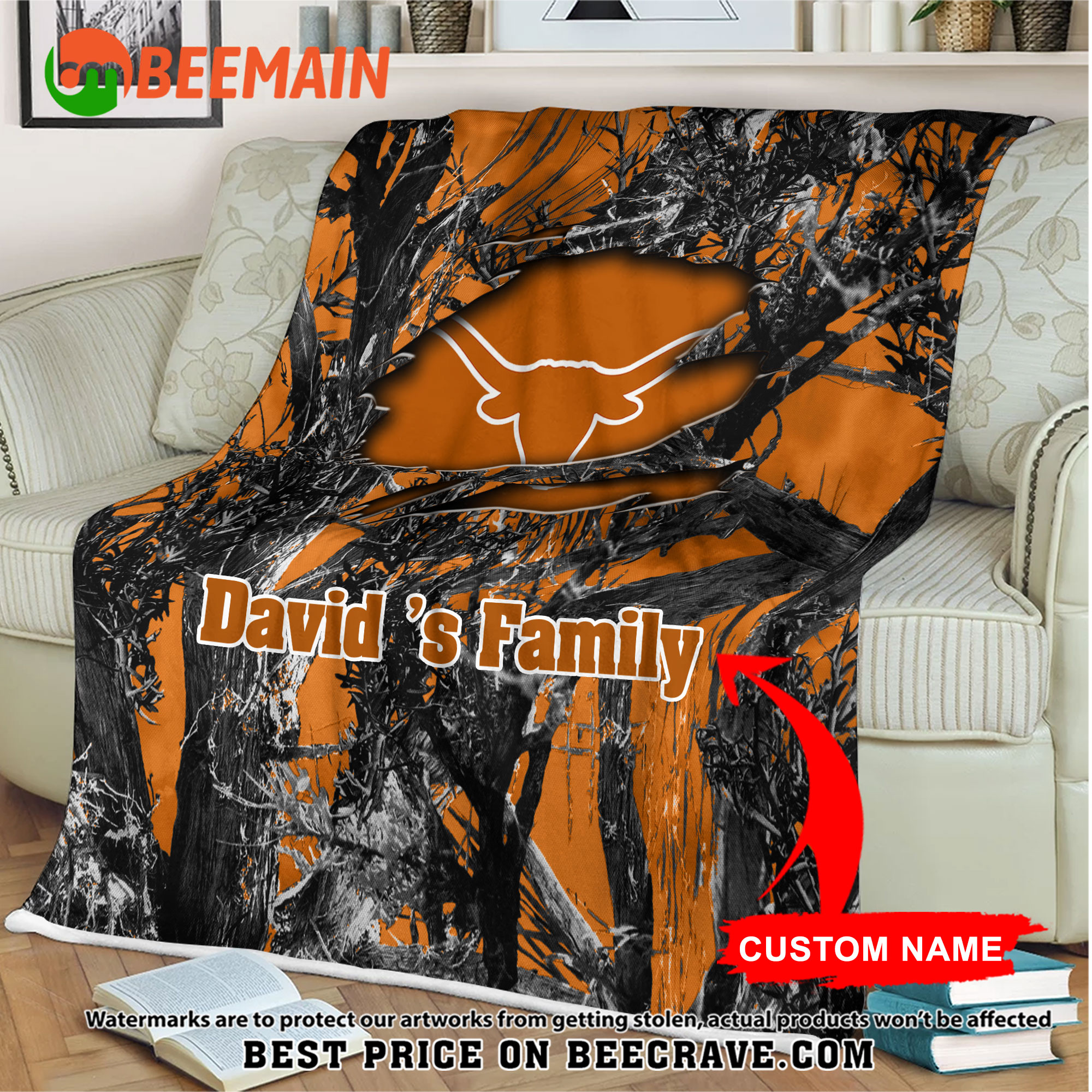 ZNCAA Texas Longhorns - Football Camo Blanket - Custom Name
