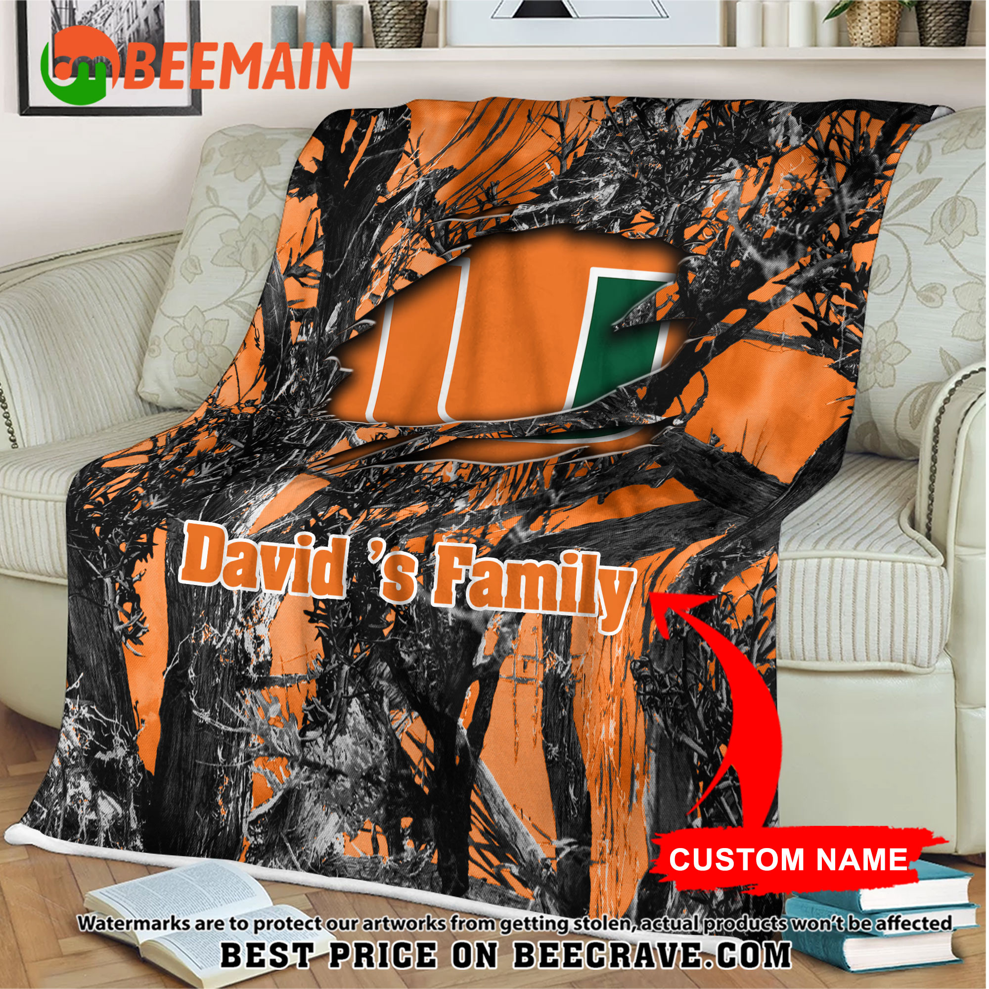 ZNCAA Miami Hurricanes - Football Camo Blanket - Custom Name