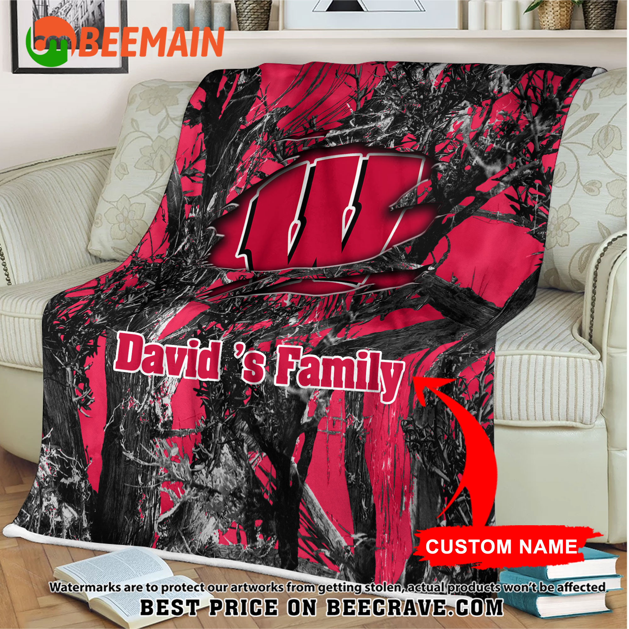 ZNCAA Wisconsin Badgers - Football Camo Blanket - Custom Name