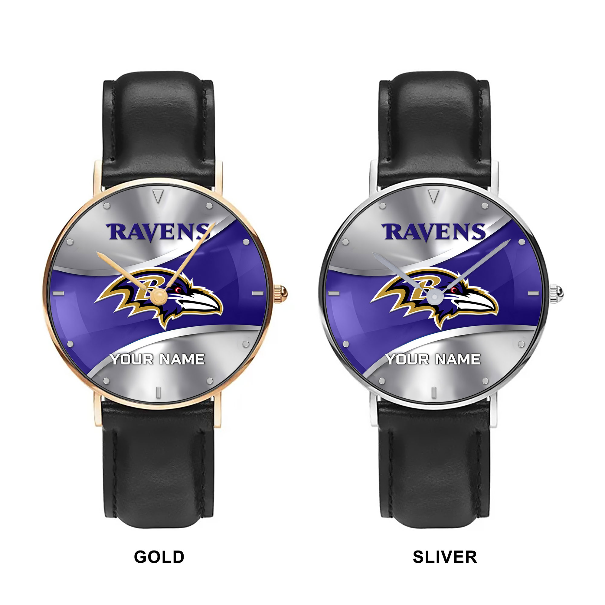 NFL Baltimore Ravens - Football Black Stitched Leather Watch - Custom Name