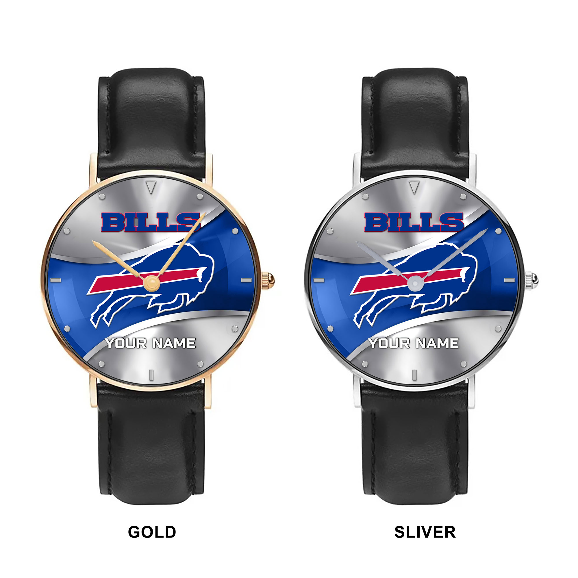 NFL Buffalo Bills - Football Black Stitched Leather Watch - Custom Name