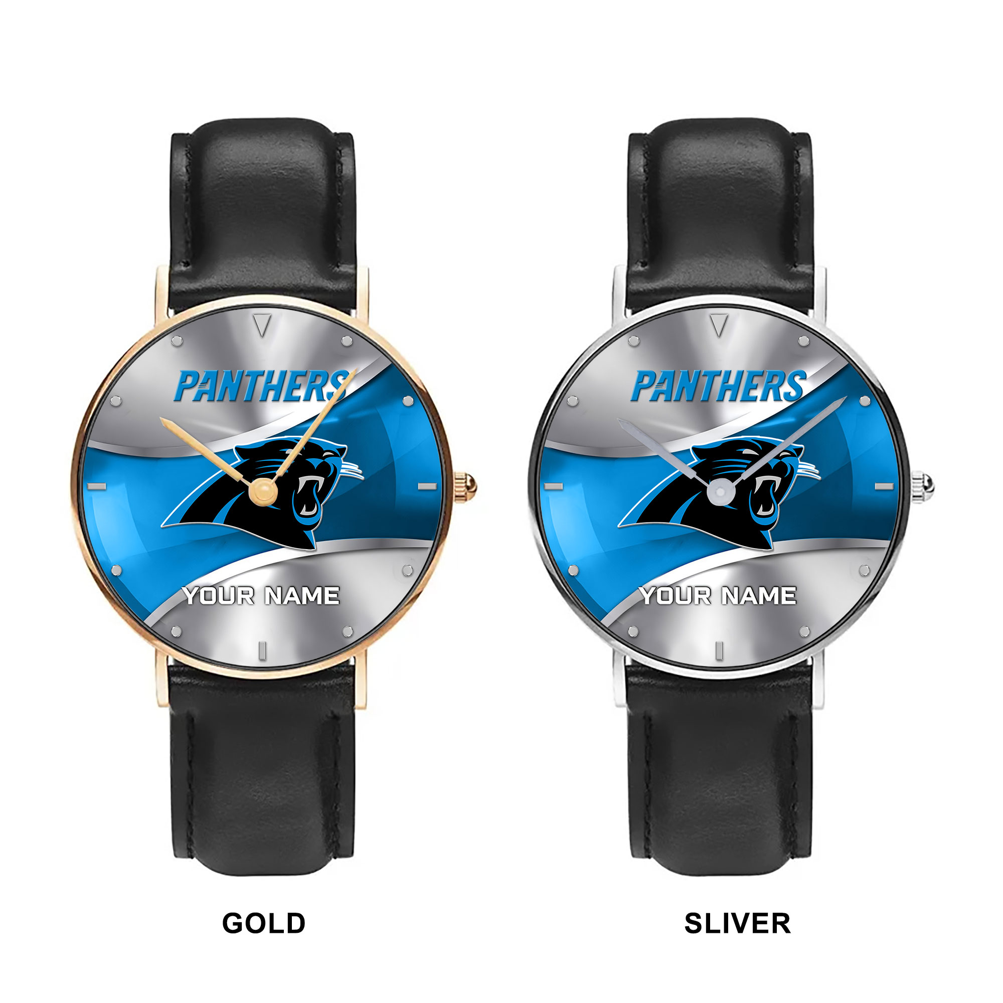 NFL Carolina Panthers - Football Black Stitched Leather Watch - Custom Name