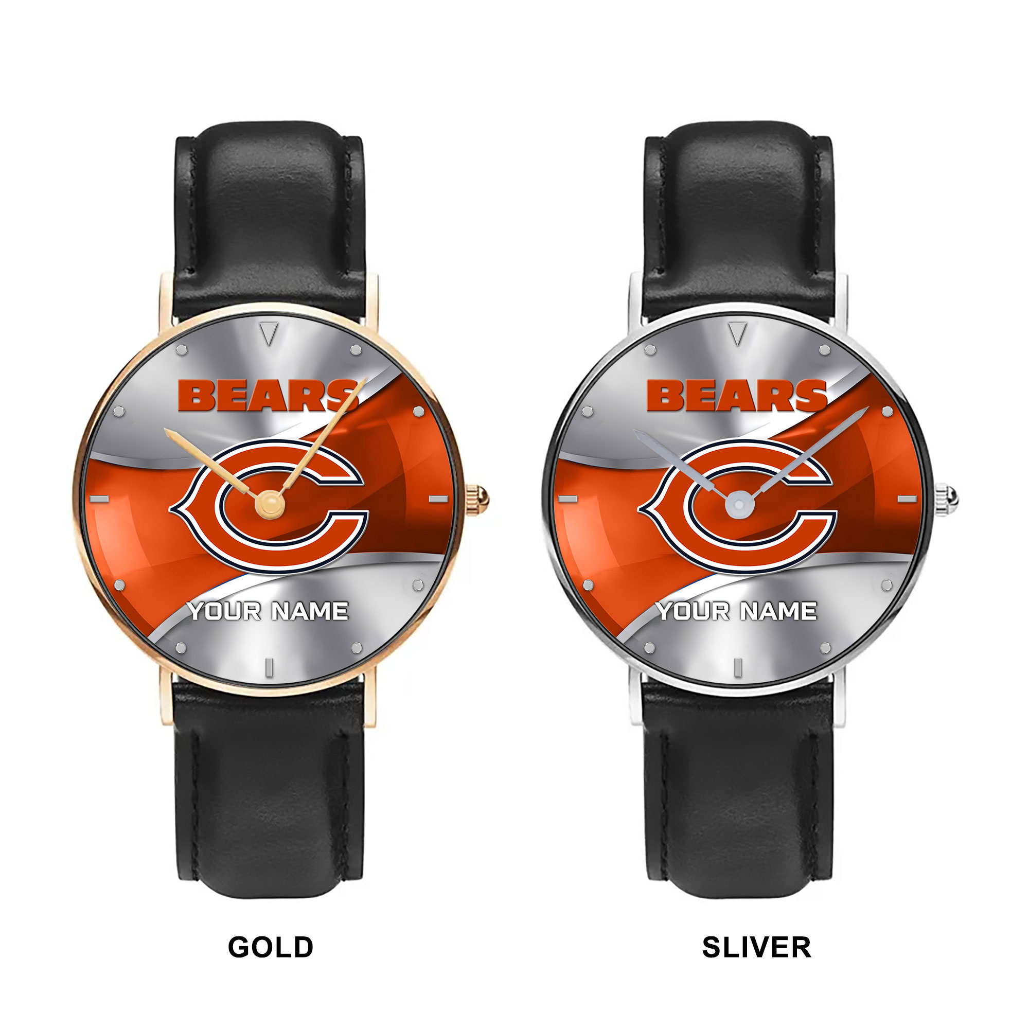 NFL Chicago Bears - Football Black Stitched Leather Watch - Custom Name