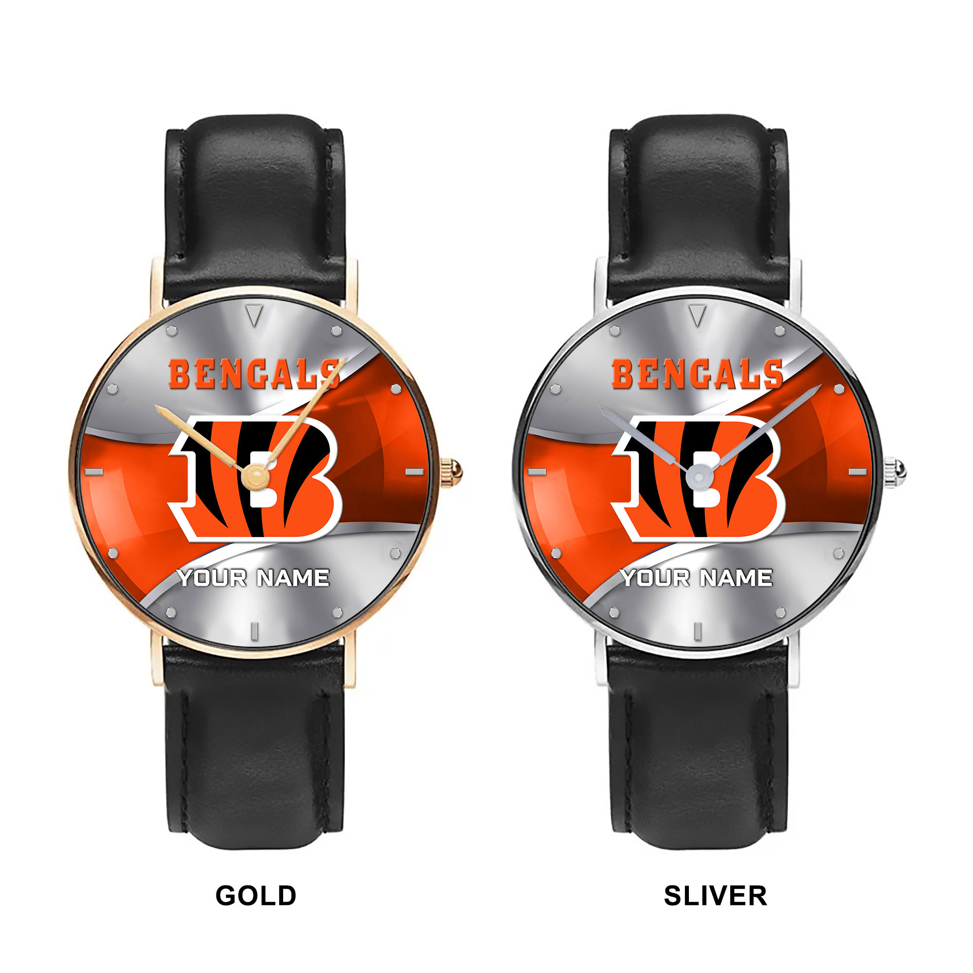 NFL Cincinnati Bengals - Football Black Stitched Leather Watch - Custom Name