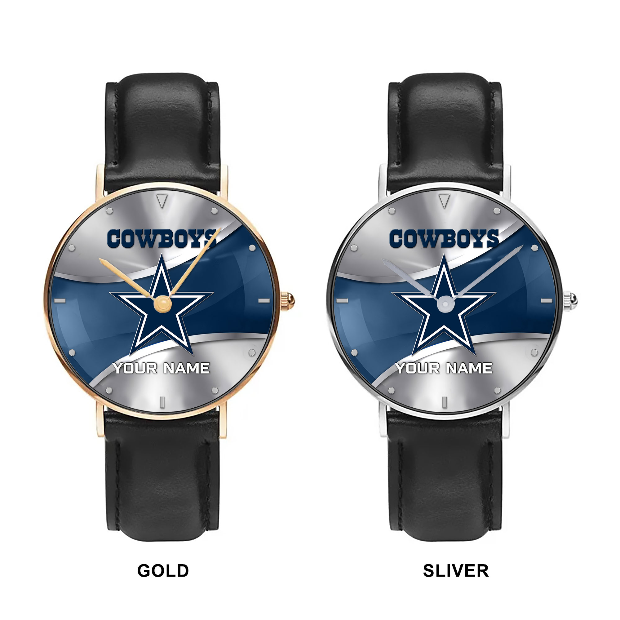 NFL Dallas Cowboys - Football Black Stitched Leather Watch - Custom Name