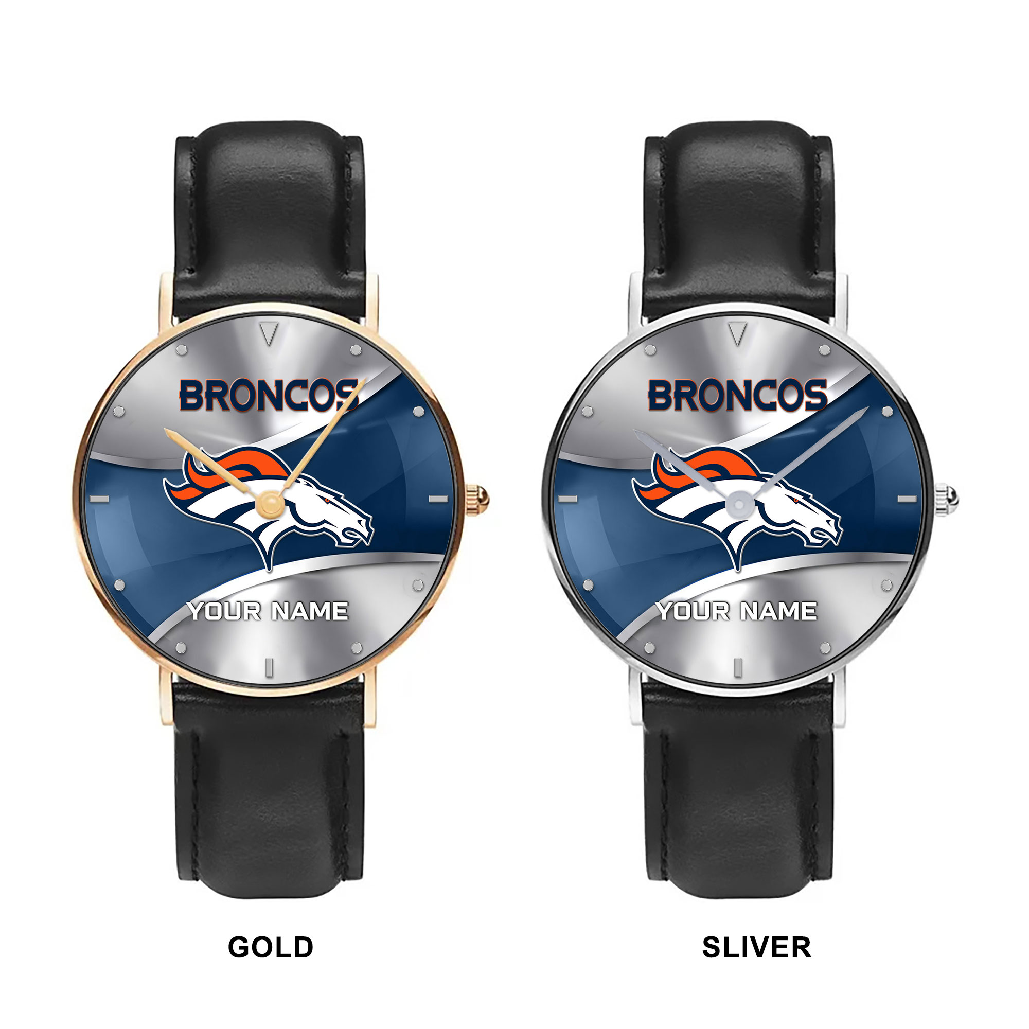 NFL Denver Broncos - Football Black Stitched Leather Watch - Custom Name